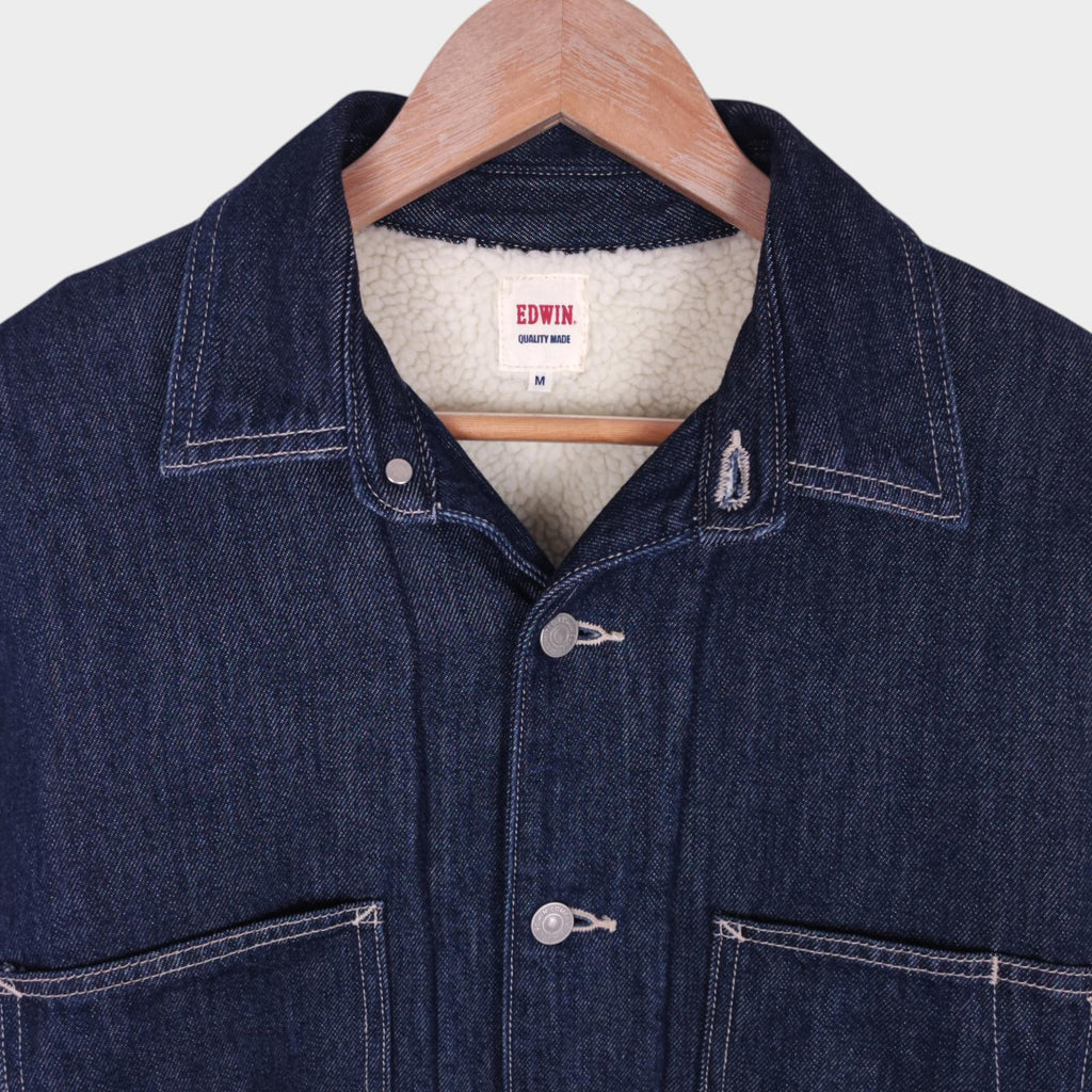 EDWIN Japan Men's Blue Denim Fleece Lined Chore Jacket