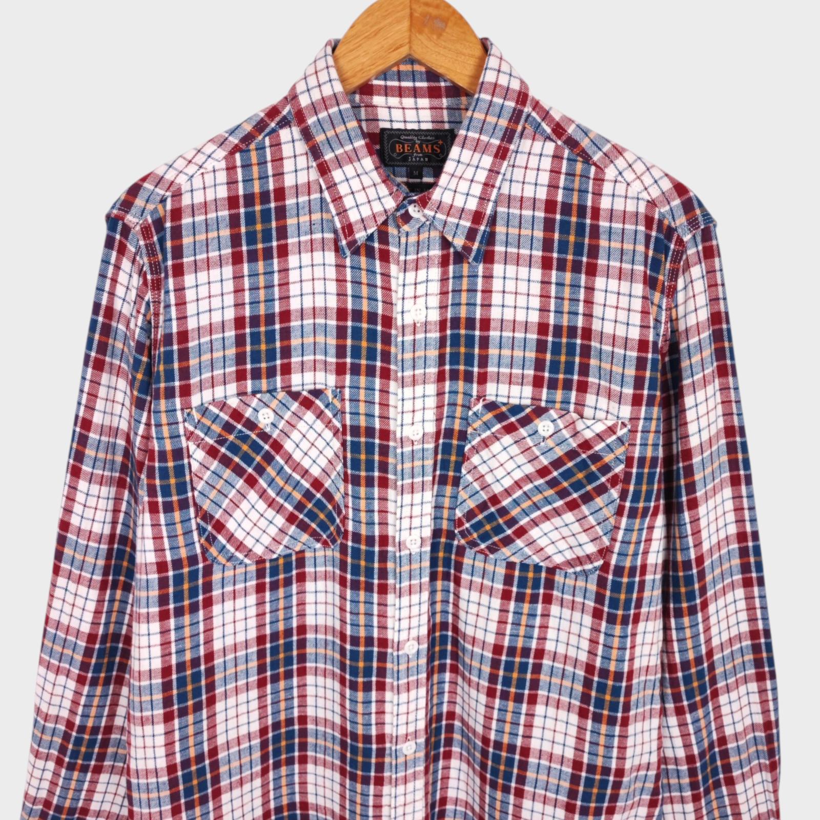 BEAMS PLUS Men's Made in Japan Multicoloured Check Cotton/Linen Work Shirt