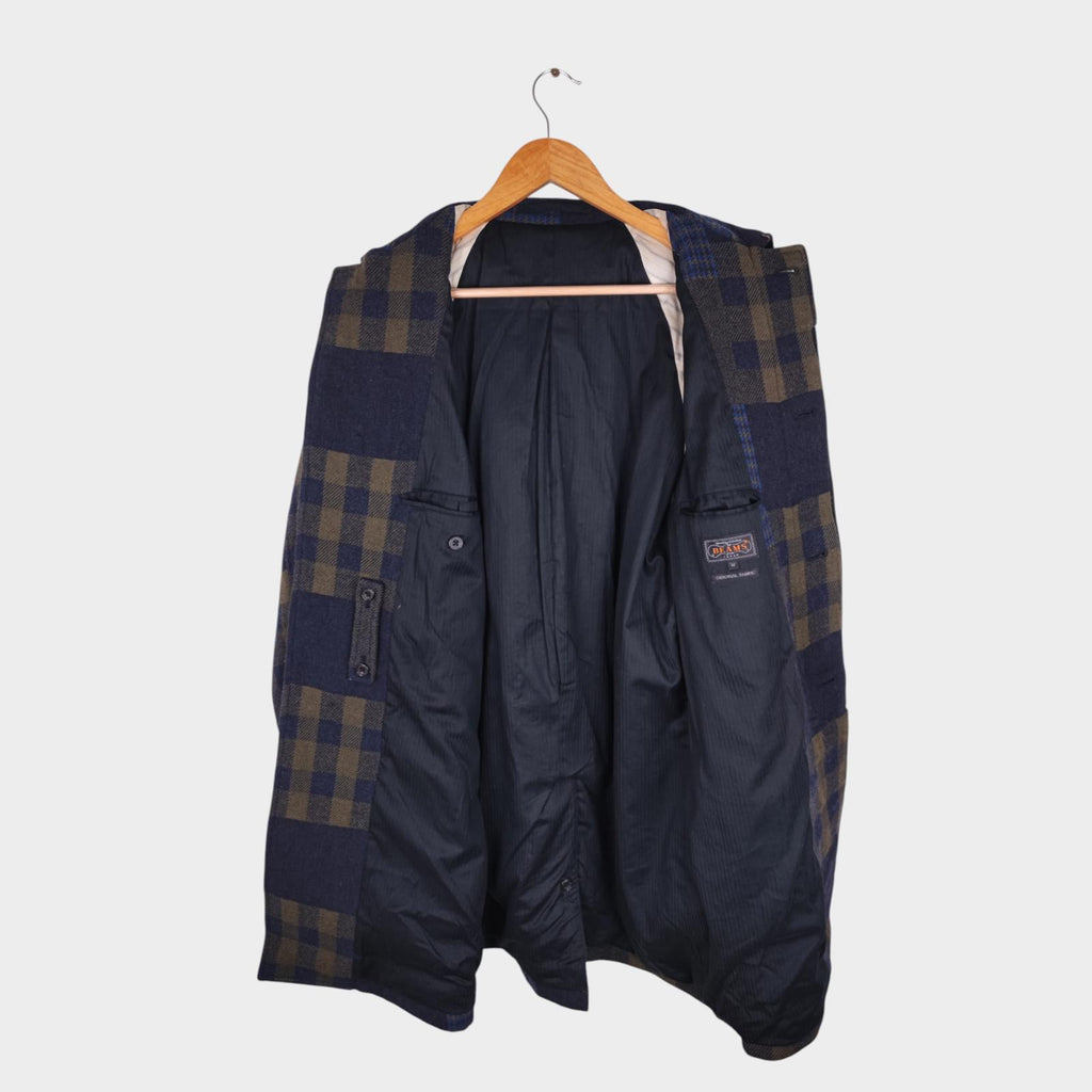 BEAMS PLUS Men's Navy Blue 100% Wool Patchwork Coat
