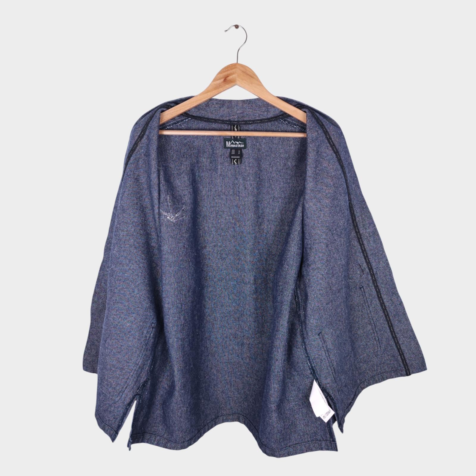 MANASTASH Men's Blue Hemp/Cotton Blend Heavyweight Denim Kimono Jacket