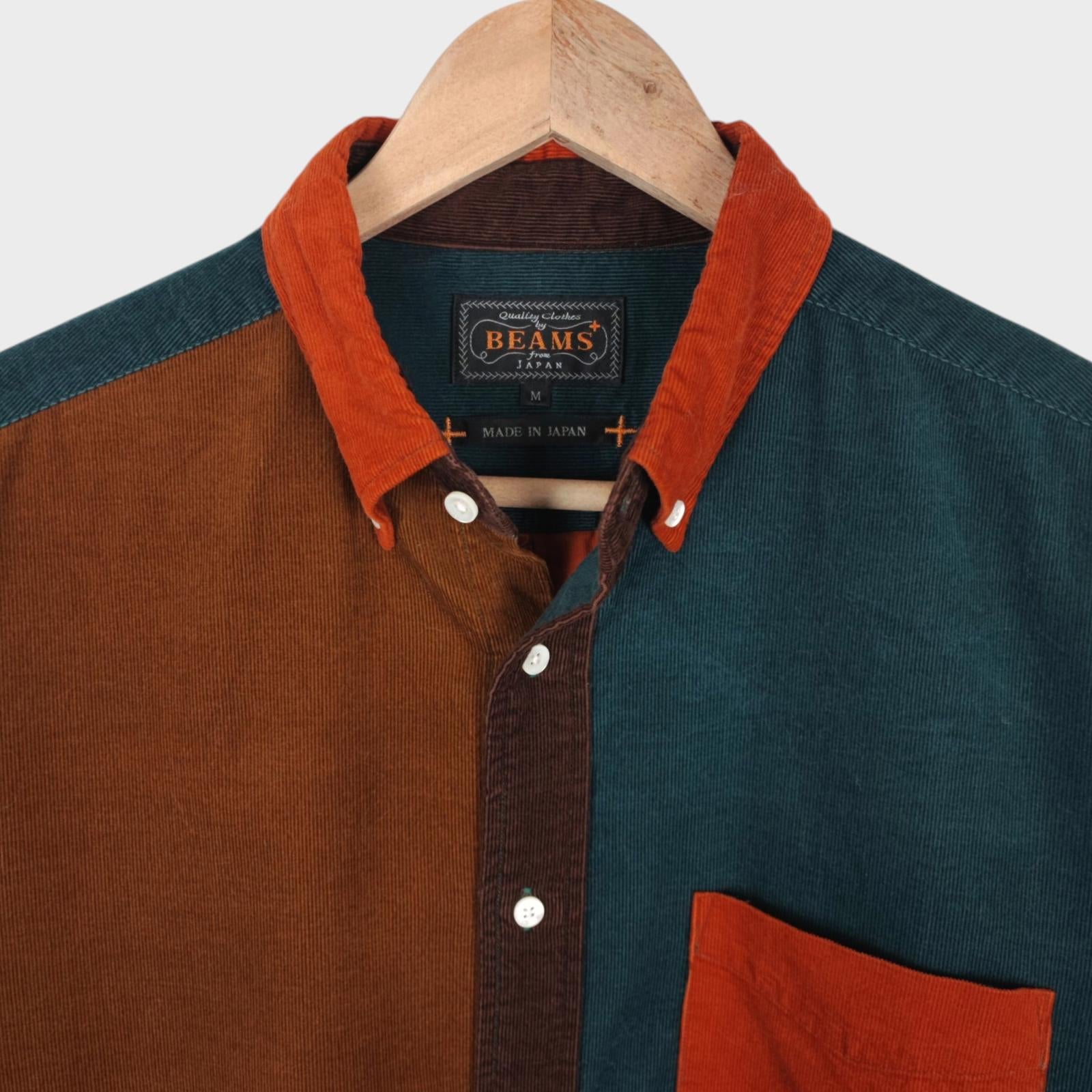 BEAMS PLUS Men's Made in Japan Multicoloured Colourblock Fine Corduroy Shirt