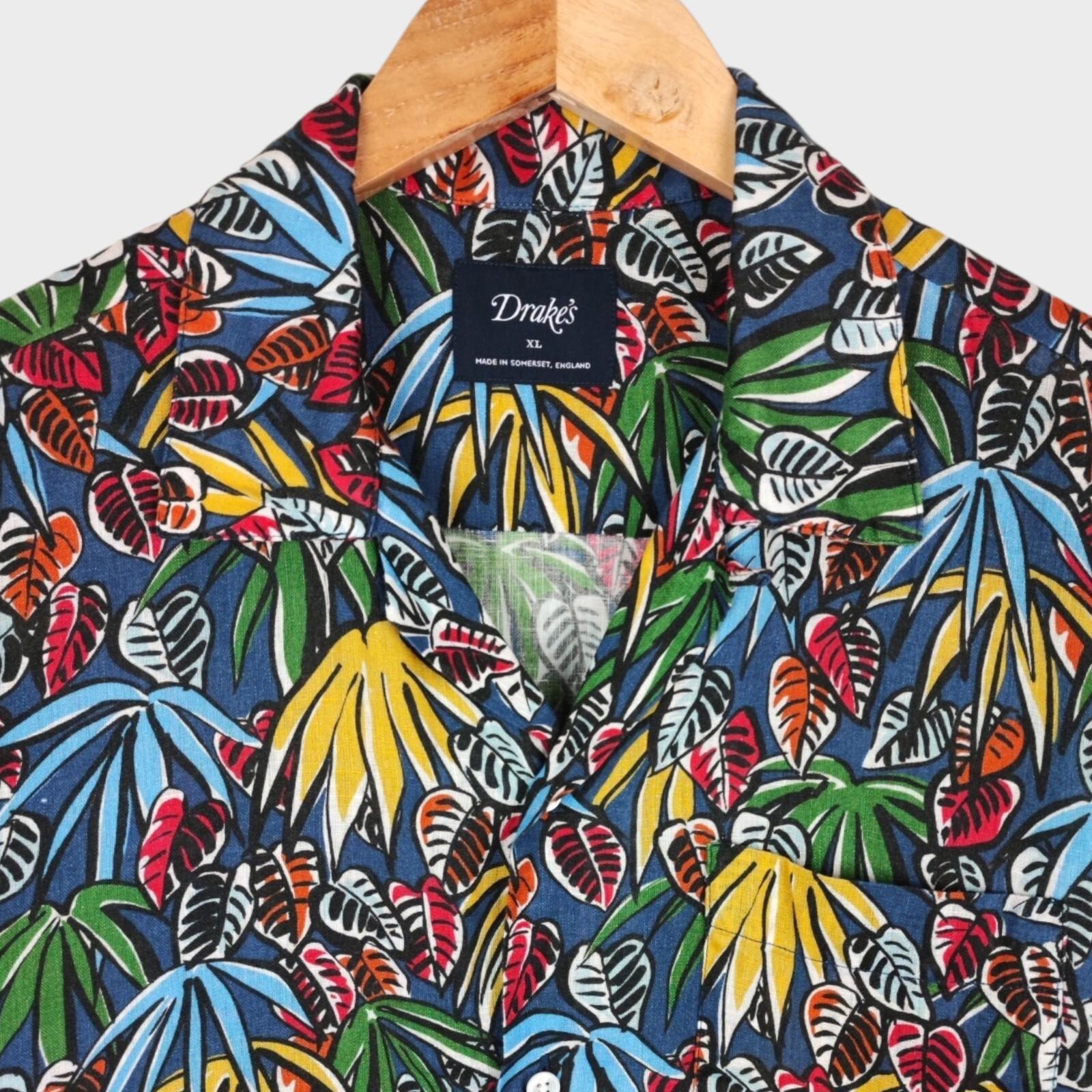 DRAKE'S Men's Leaves Print Linen Camp Collar Shirt
