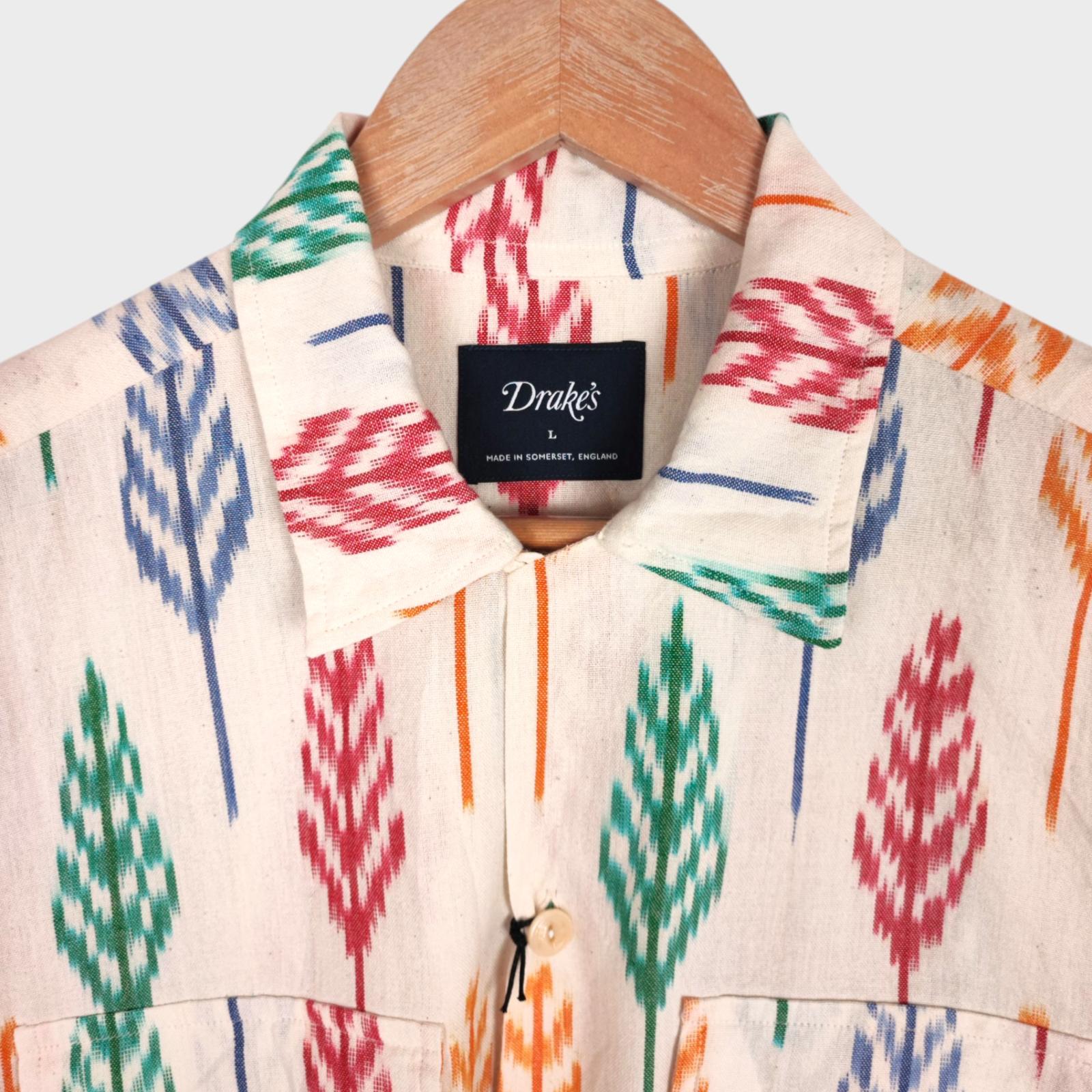 DRAKE'S Men's Made in England Camp Collar Ikat Shirt