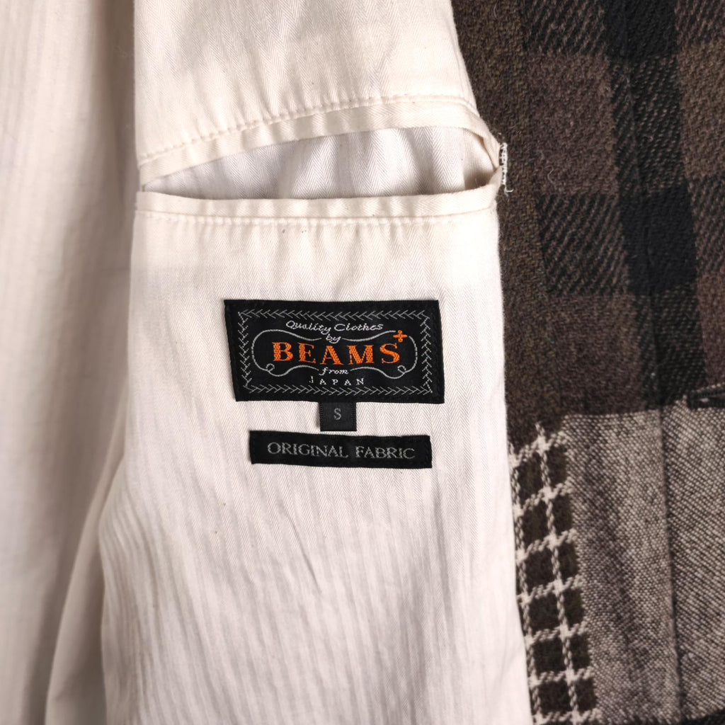 BEAMS PLUS Men's Khaki/Brown 100% Wool Patchwork Coat