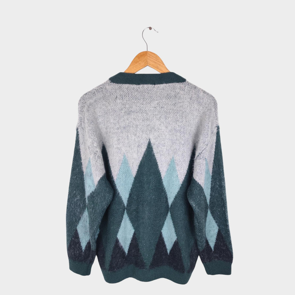 BEAMS HEART Men's Green Shaggy Grunge Argyle Cardigan