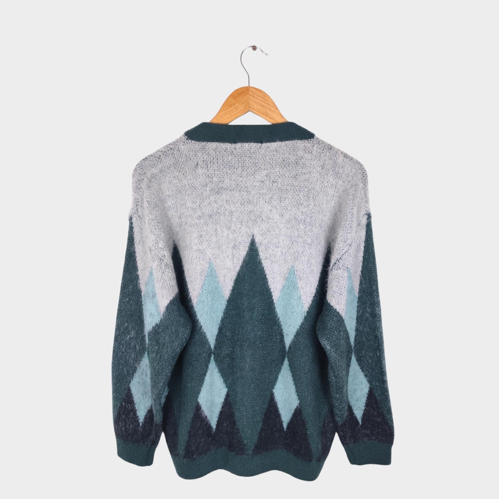 BEAMS HEART Men's Green Shaggy Grunge Argyle Cardigan