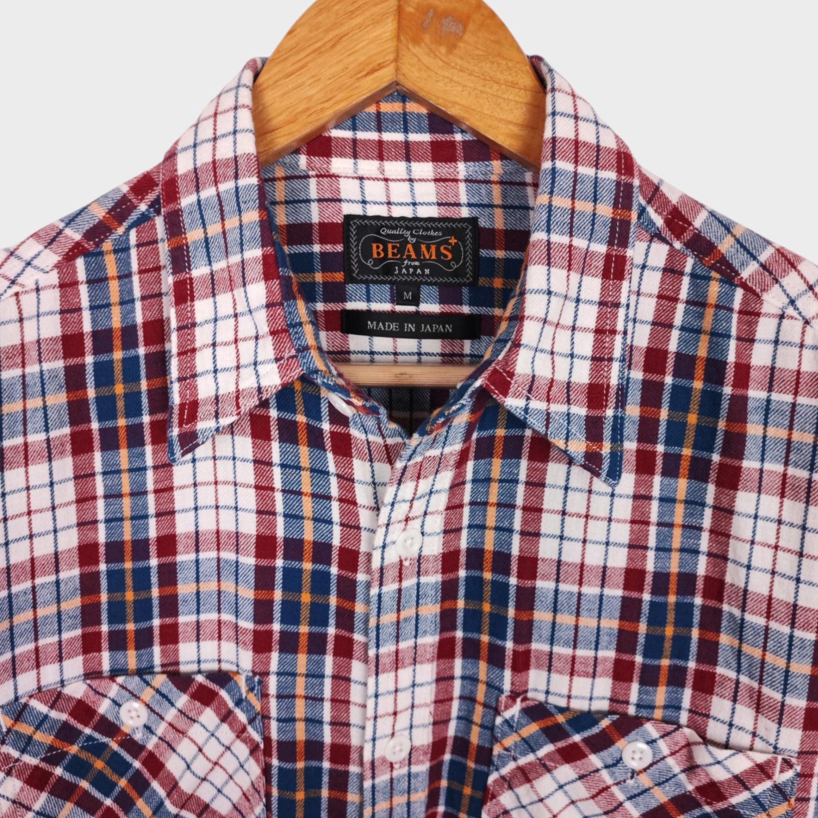 BEAMS PLUS Men's Made in Japan Multicoloured Check Cotton/Linen Work Shirt