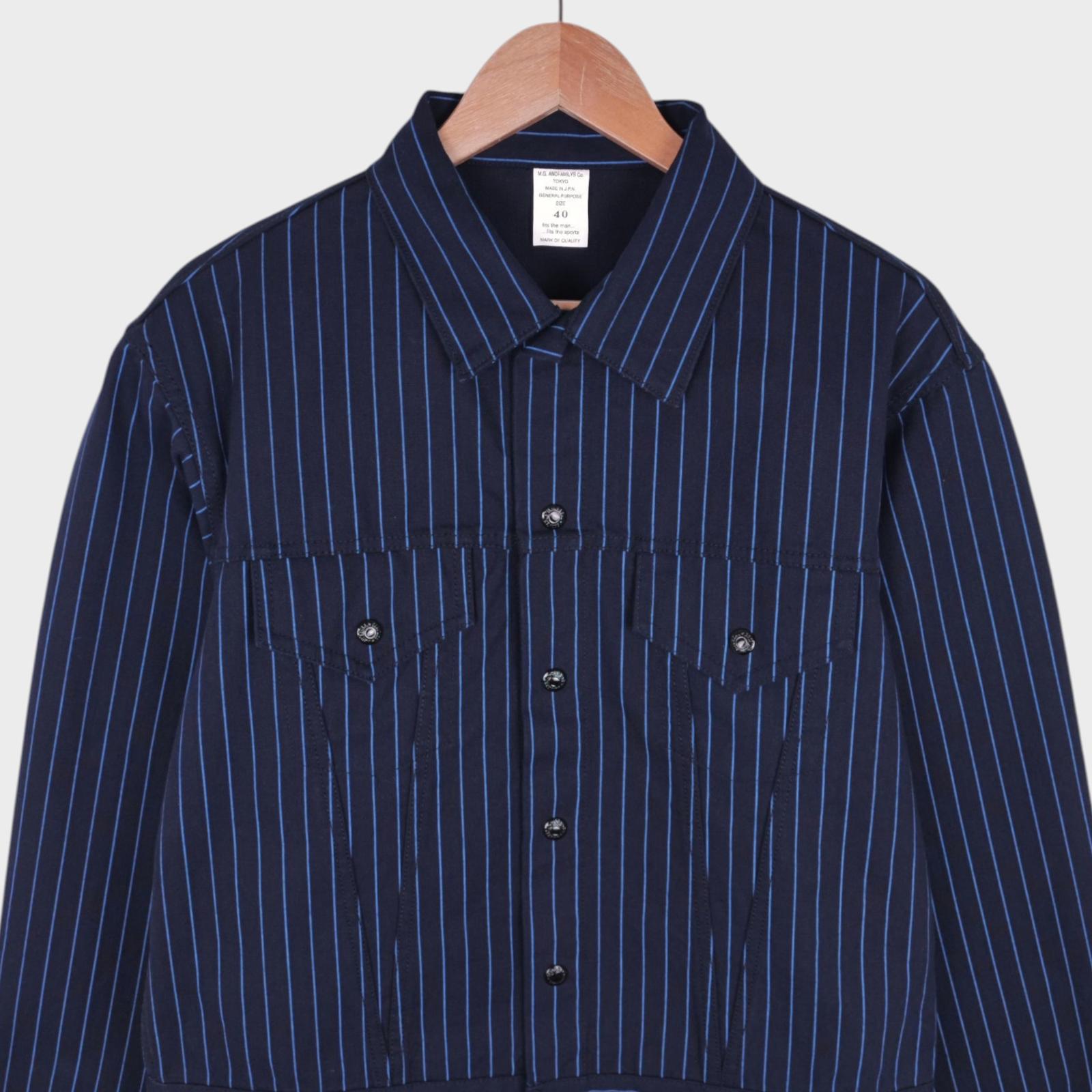 ANDFAMILYS CO KYOTO Men's Made in Japan Navy Blue Striped Cropped Fitted Trucker Jacket