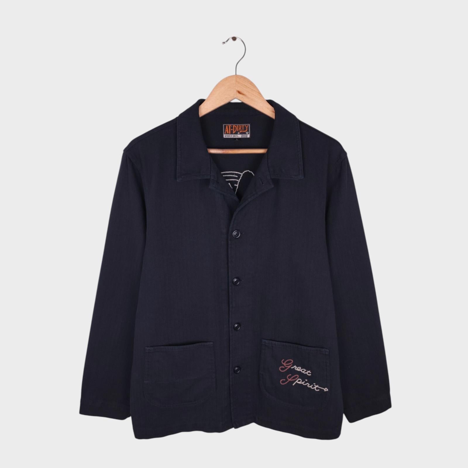 AT-DIRTY Men's Black 'Pow Wow' Chainstitch Embroidered Native American Chore Jacket