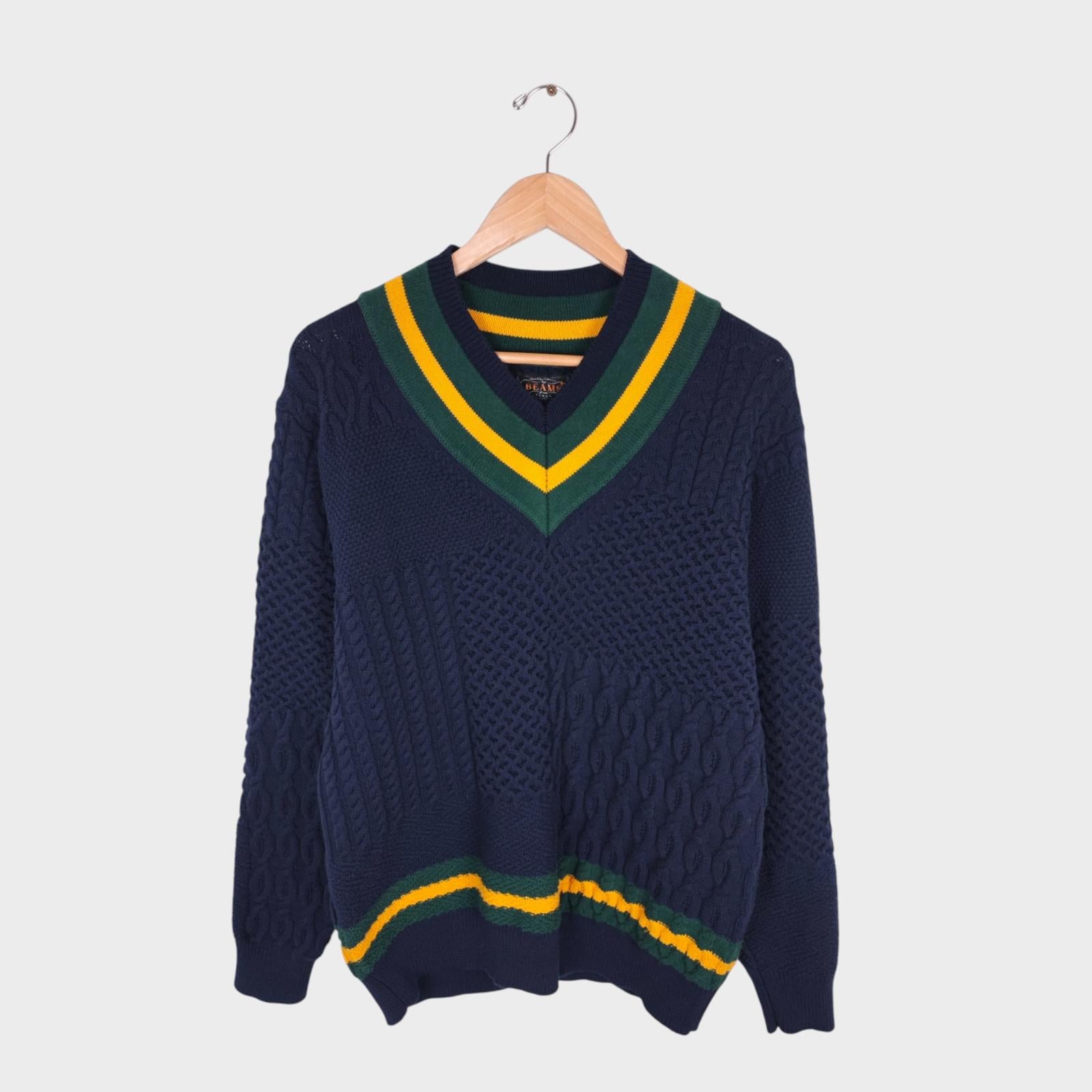 BEAMS PLUS Men's Cotton Blend Cable Knit V-Neck Cricket Jumper