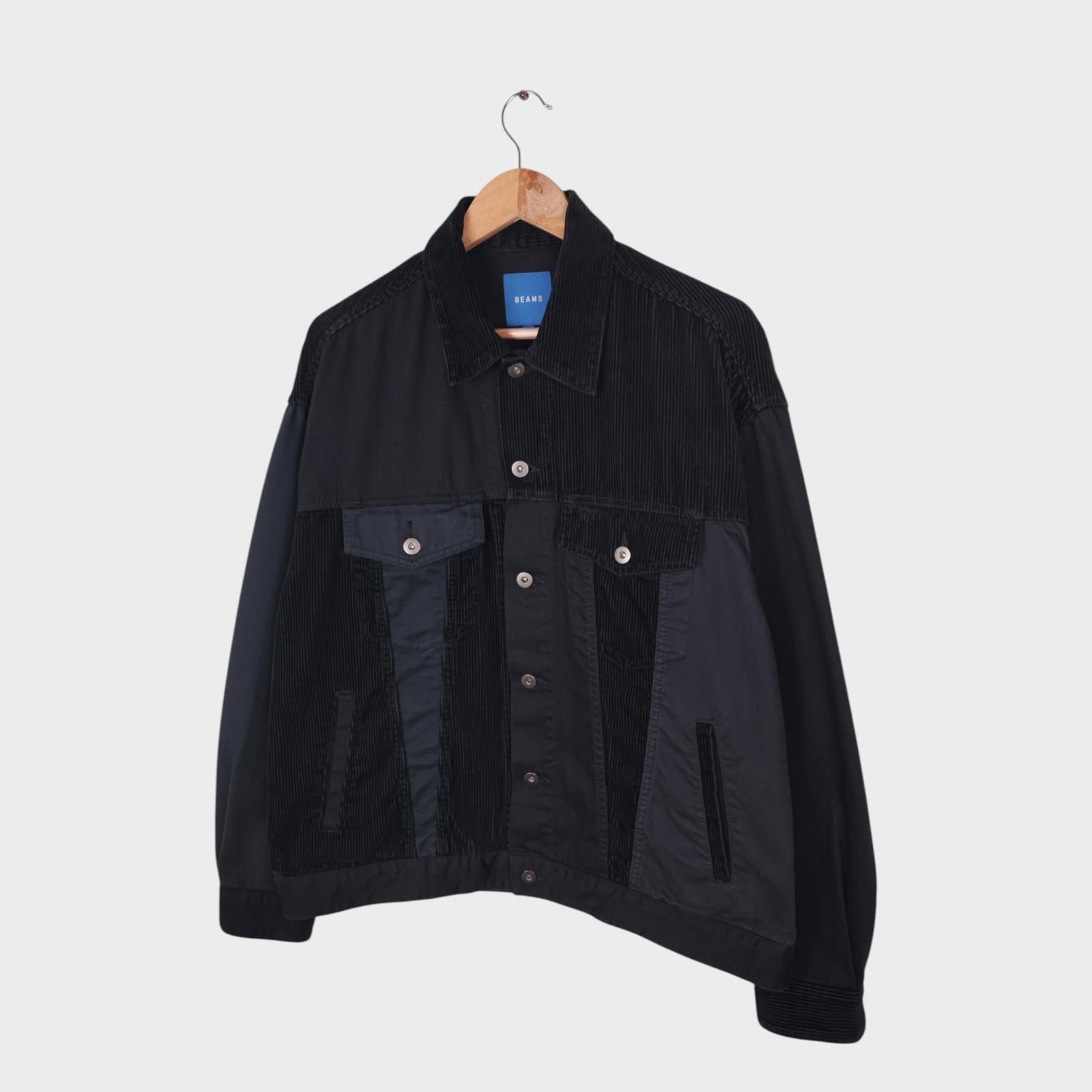BEAMS Men's Black Corduroy Patchwork Trucker Jacket