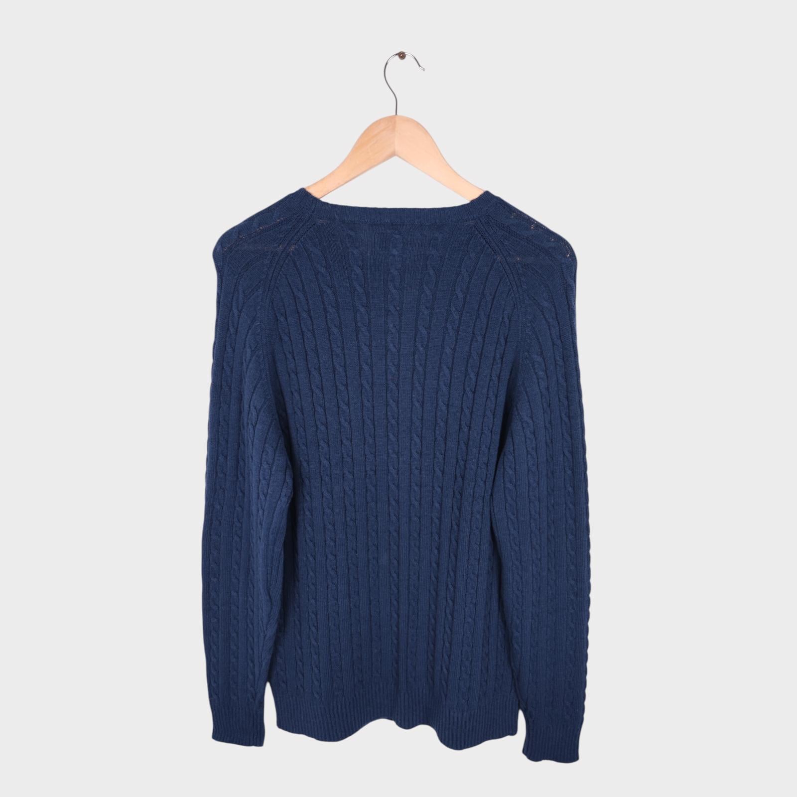 BEAMS PLUS Men's Navy Blue Linen/Cotton Blend Cable Knit Jumper