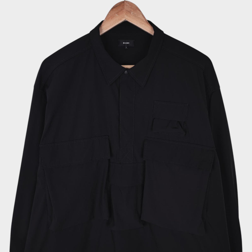 BEAMS Men's Black Oversized Fit Utility Pullover Action Overshirt