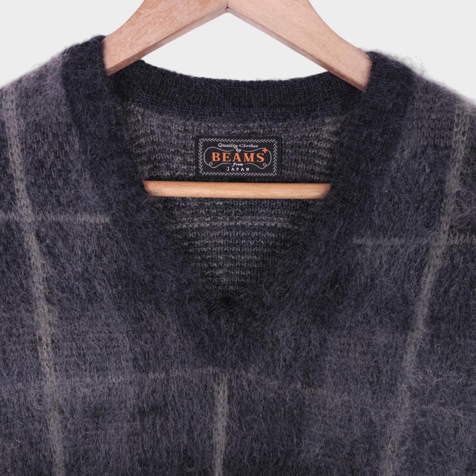 BEAMS PLUS Men's Grey Check Shaggy Mohair Wool Blend Vest