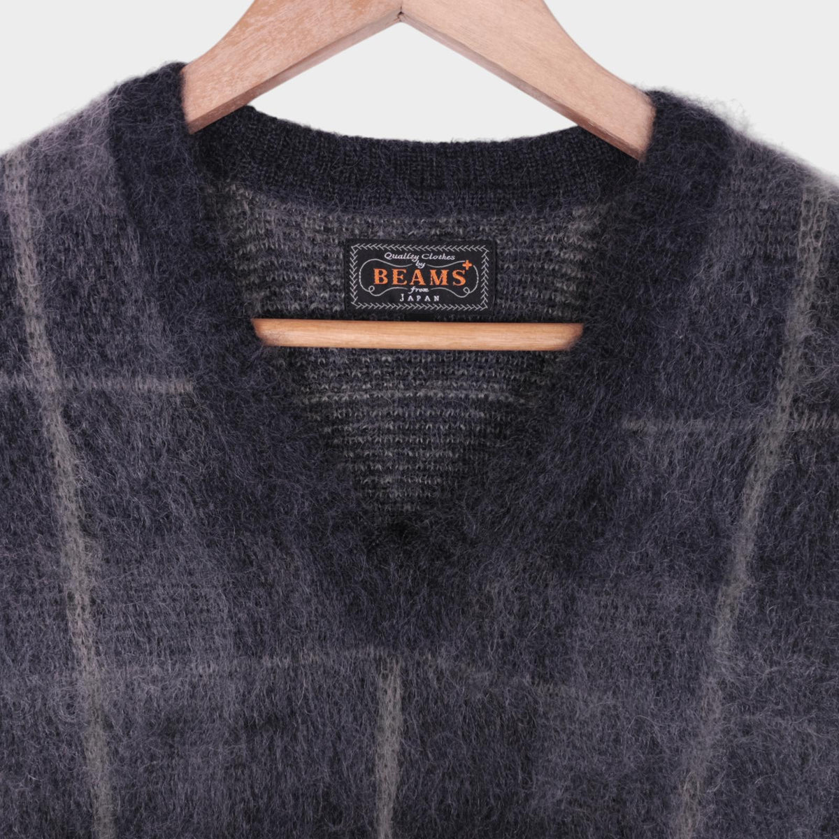 BEAMS PLUS Men's Grey Check Shaggy Mohair Wool Blend Vest