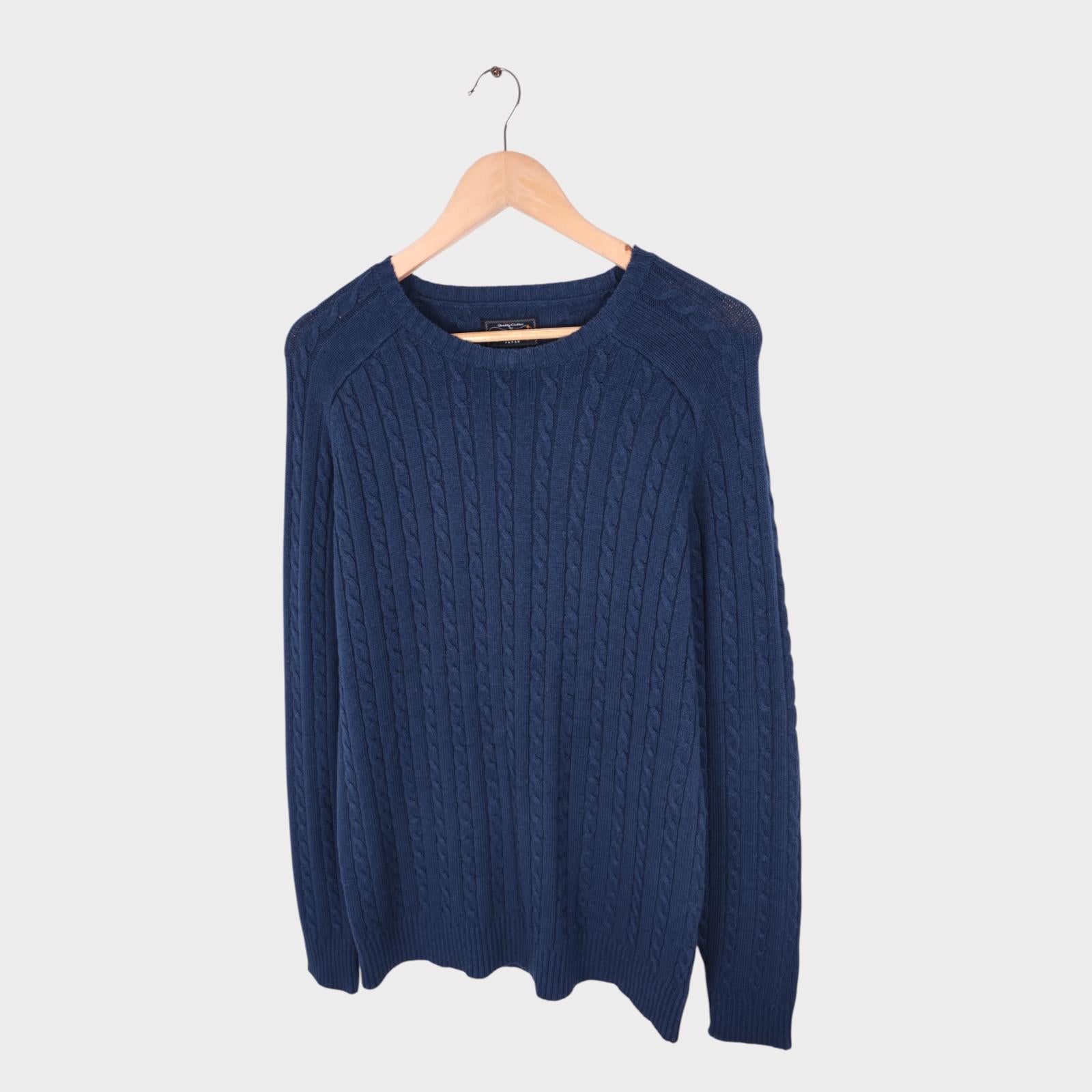 BEAMS PLUS Men's Navy Blue Linen/Cotton Blend Cable Knit Jumper