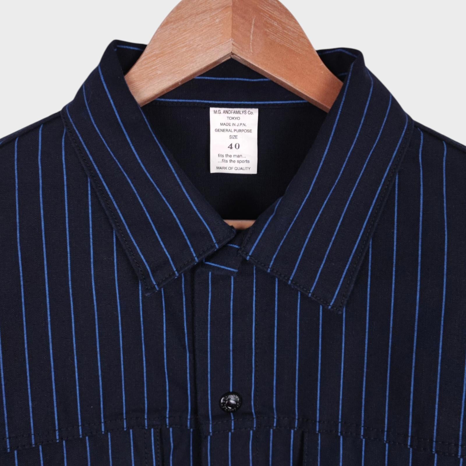 ANDFAMILYS CO KYOTO Men's Made in Japan Navy Blue Striped Cropped Fitted Trucker Jacket