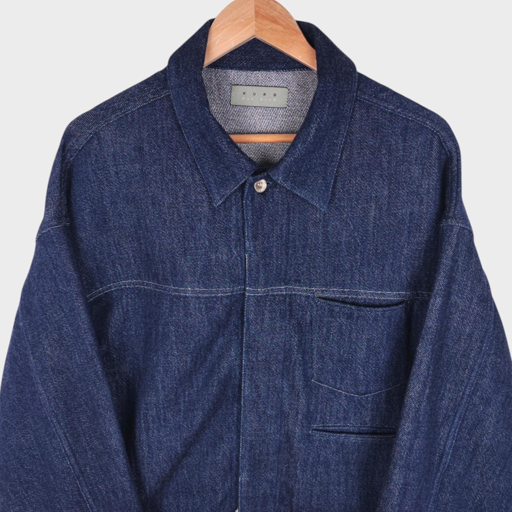 KURO Men's Blue Made in Japan Cropped Boxy Fit Raw Oversized Sleeve Denim Jacket