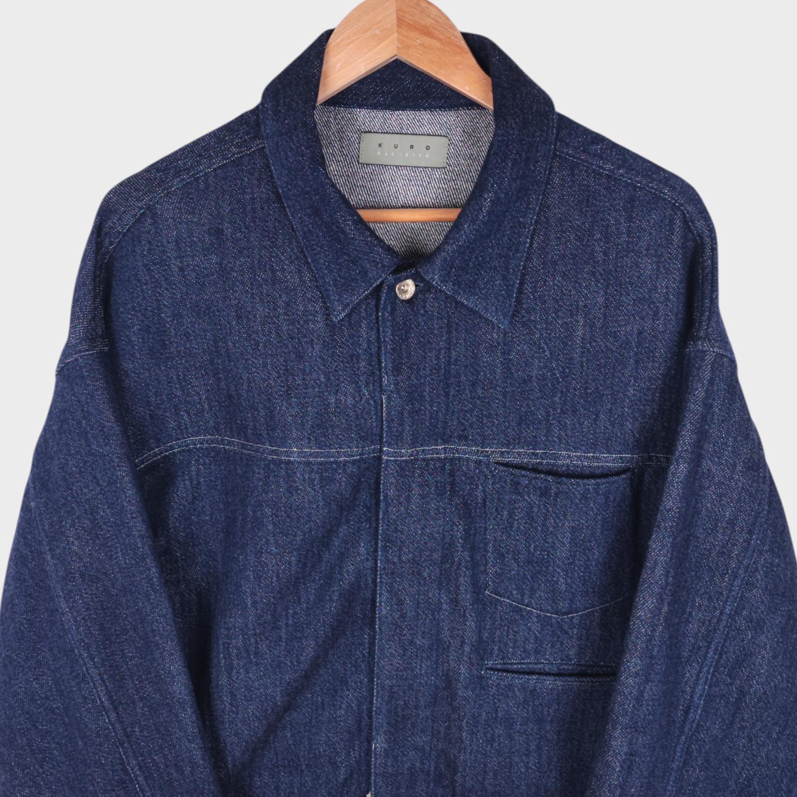 KURO Men's Blue Made in Japan Cropped Boxy Fit Raw Oversized Sleeve Denim Jacket