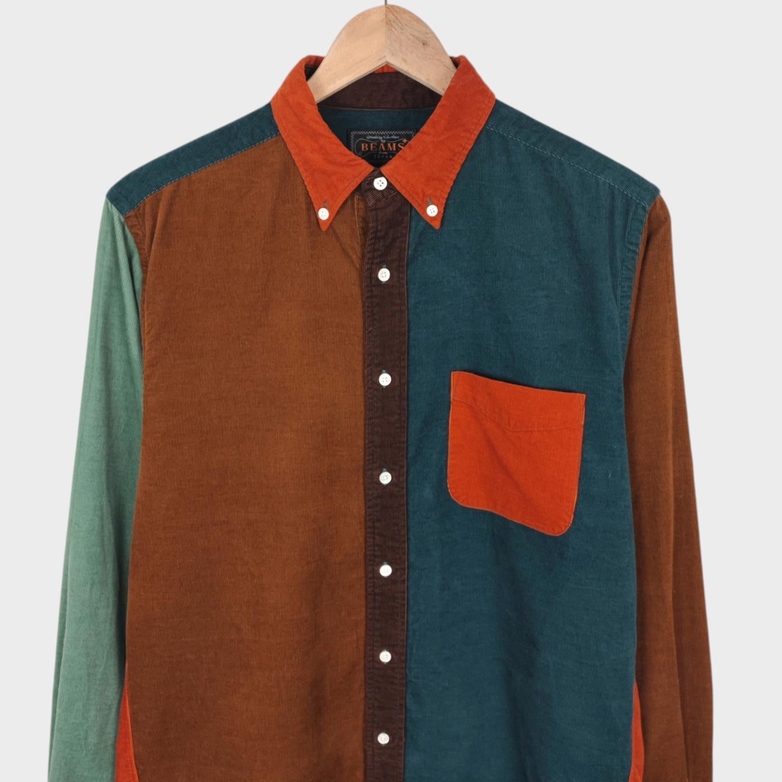 BEAMS PLUS Men's Made in Japan Multicoloured Colourblock Fine Corduroy Shirt