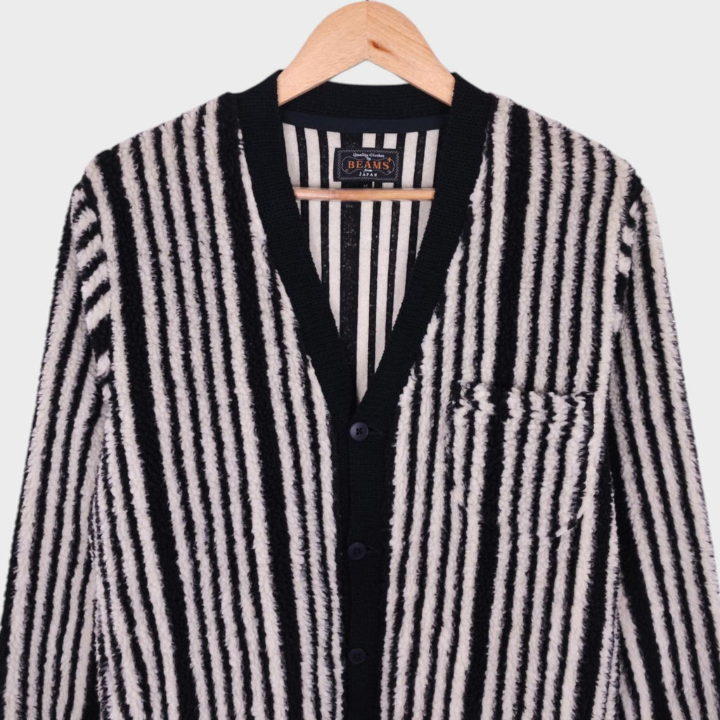 BEAMS PLUS Men's Black & White Striped Fleece Cardigan