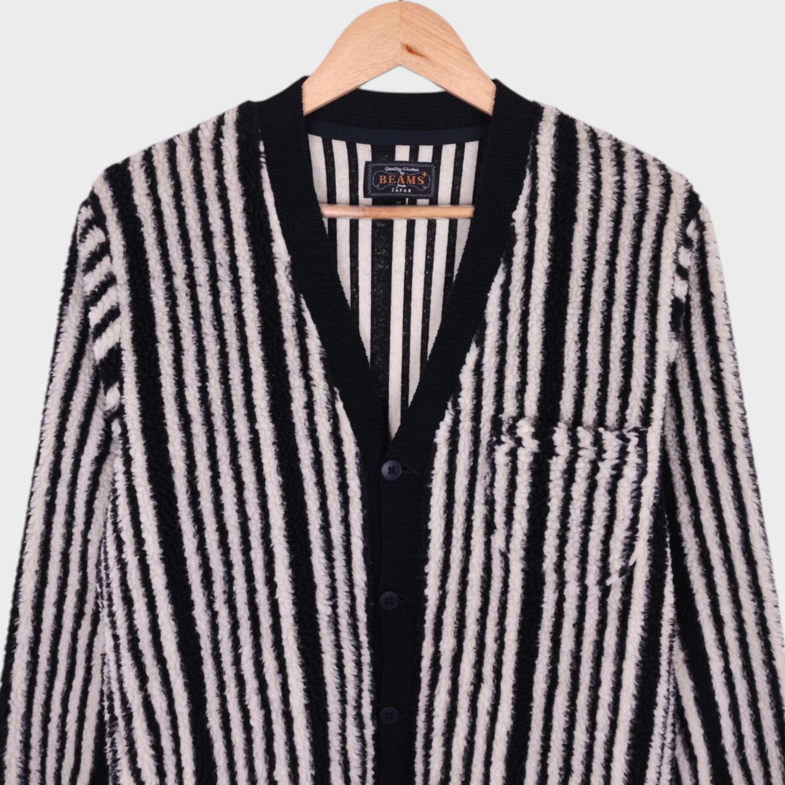 BEAMS PLUS Men's Black & White Striped Fleece Cardigan