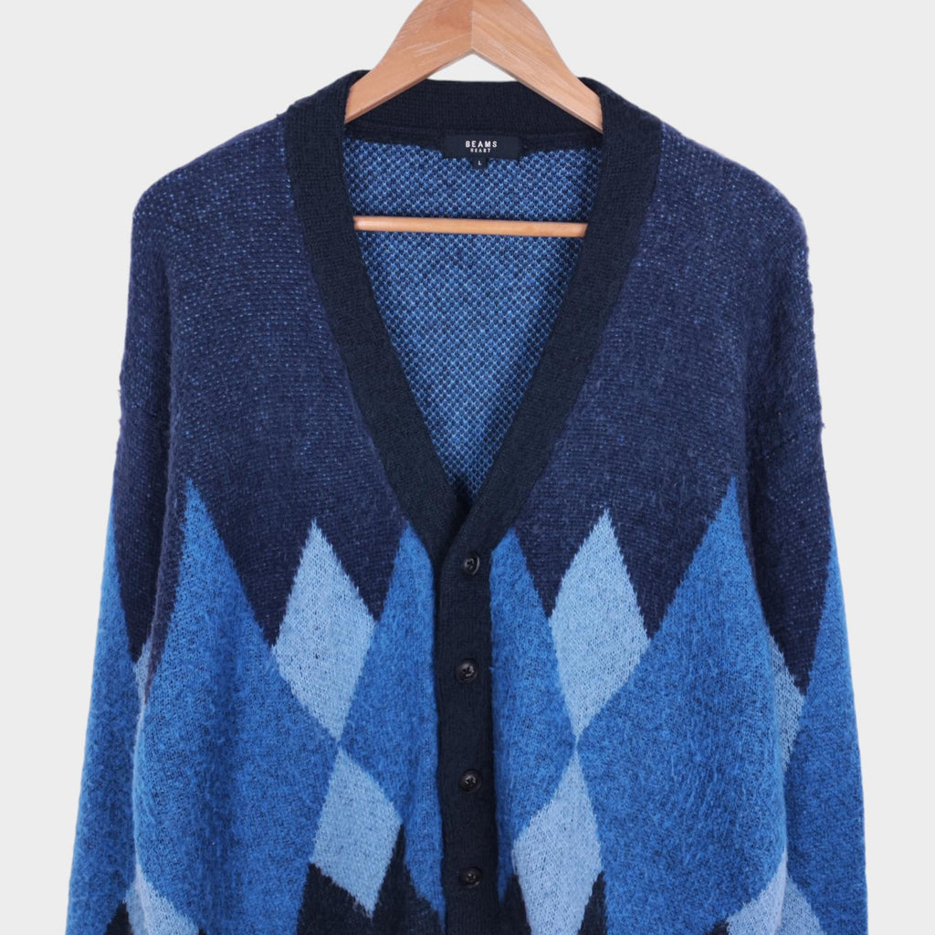 BEAMS HEART Men's Blue Mohair Blend Shaggy Grunge Argyle Cardigan