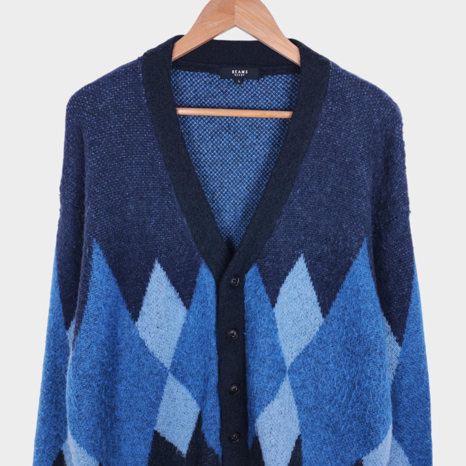 BEAMS HEART Men's Blue Mohair Blend Shaggy Grunge Argyle Cardigan
