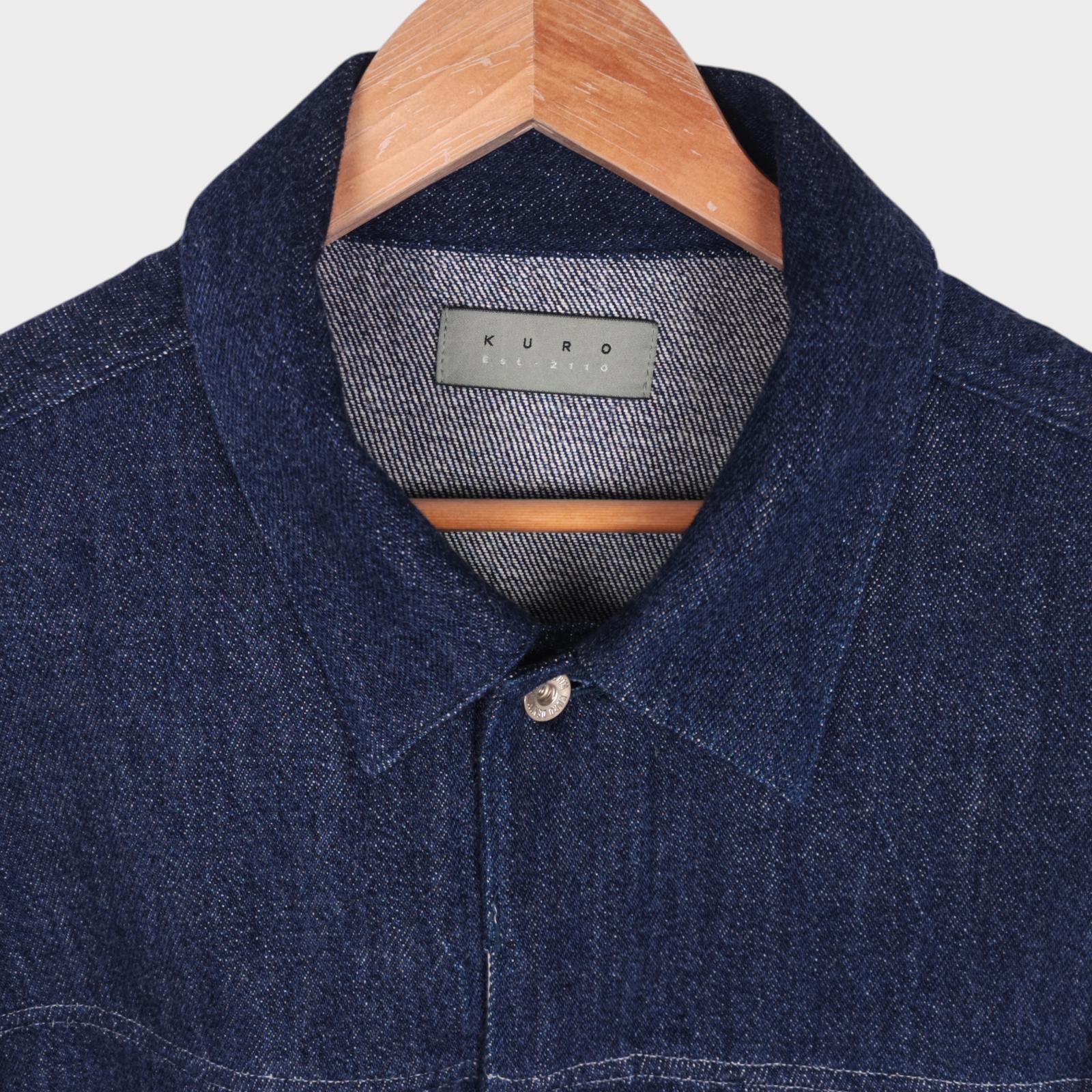 KURO Men's Blue Made in Japan Cropped Boxy Fit Raw Oversized Sleeve Denim Jacket
