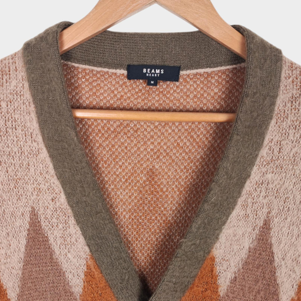 BEAMS HEART Men's Mohair Blend Shaggy Grunge Argyle Cardigan