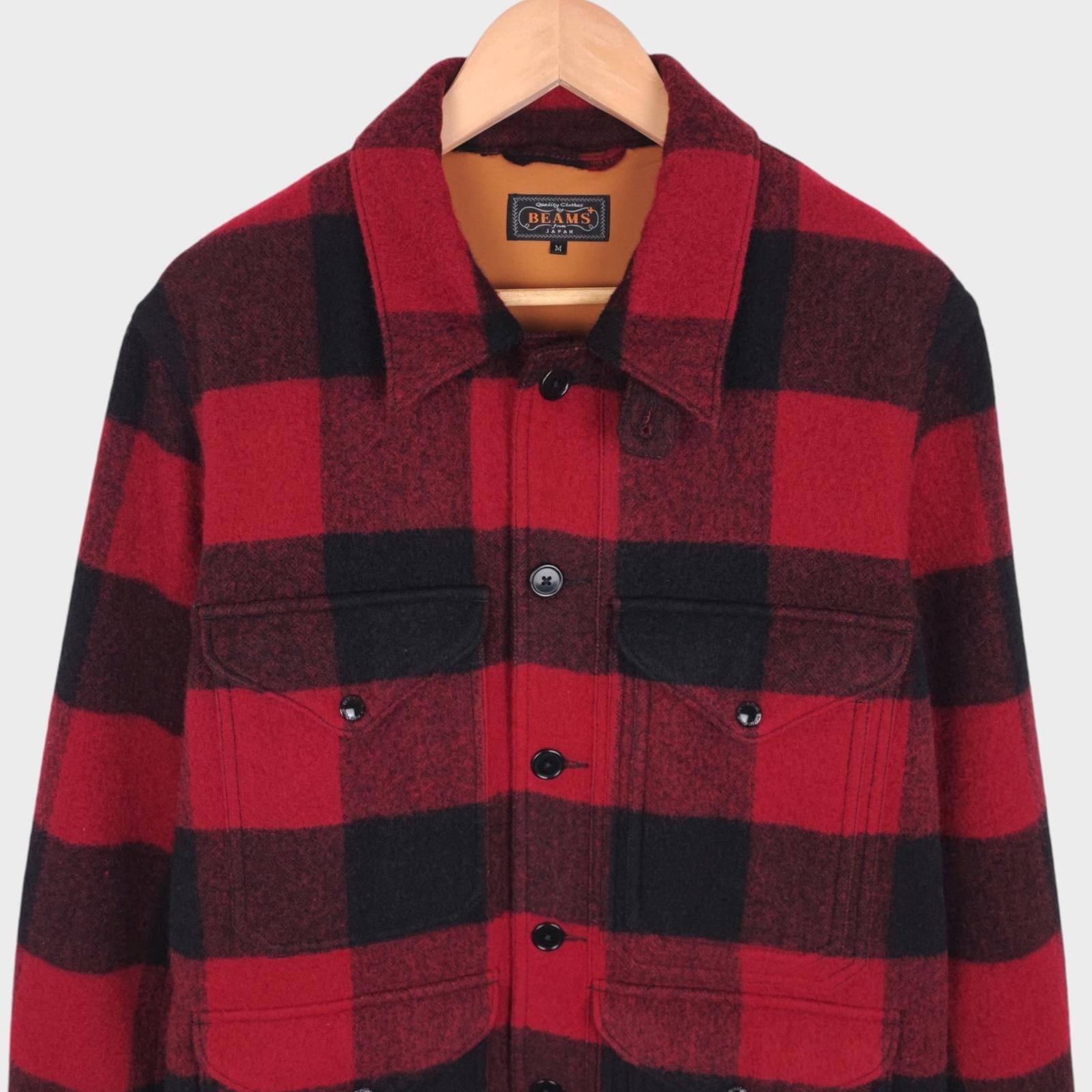 BEAMS PLUS Men's Red/Black Buffalo Wool Blend Check Mackinaw Cruiser Jacket