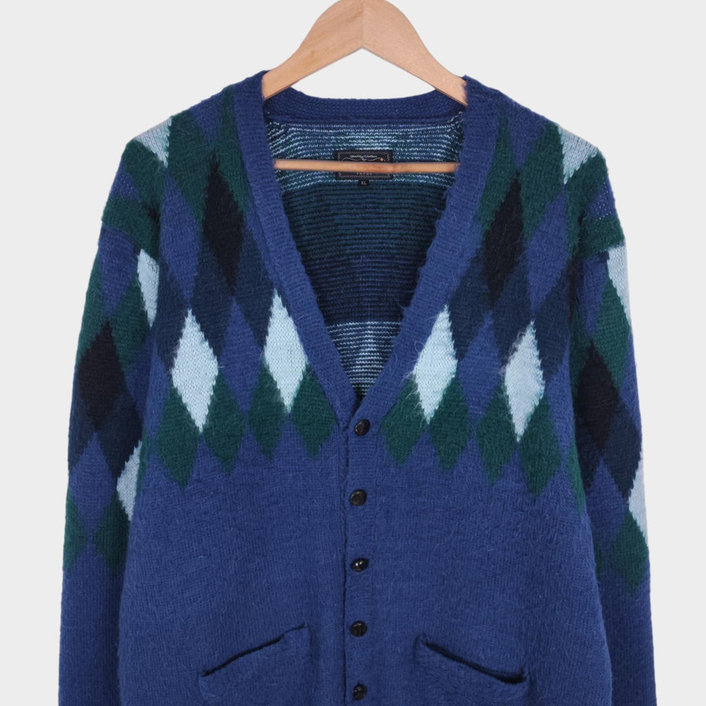 BEAMS PLUS Men's Mohair Blend Shaggy Grunge Argyle Cardigan