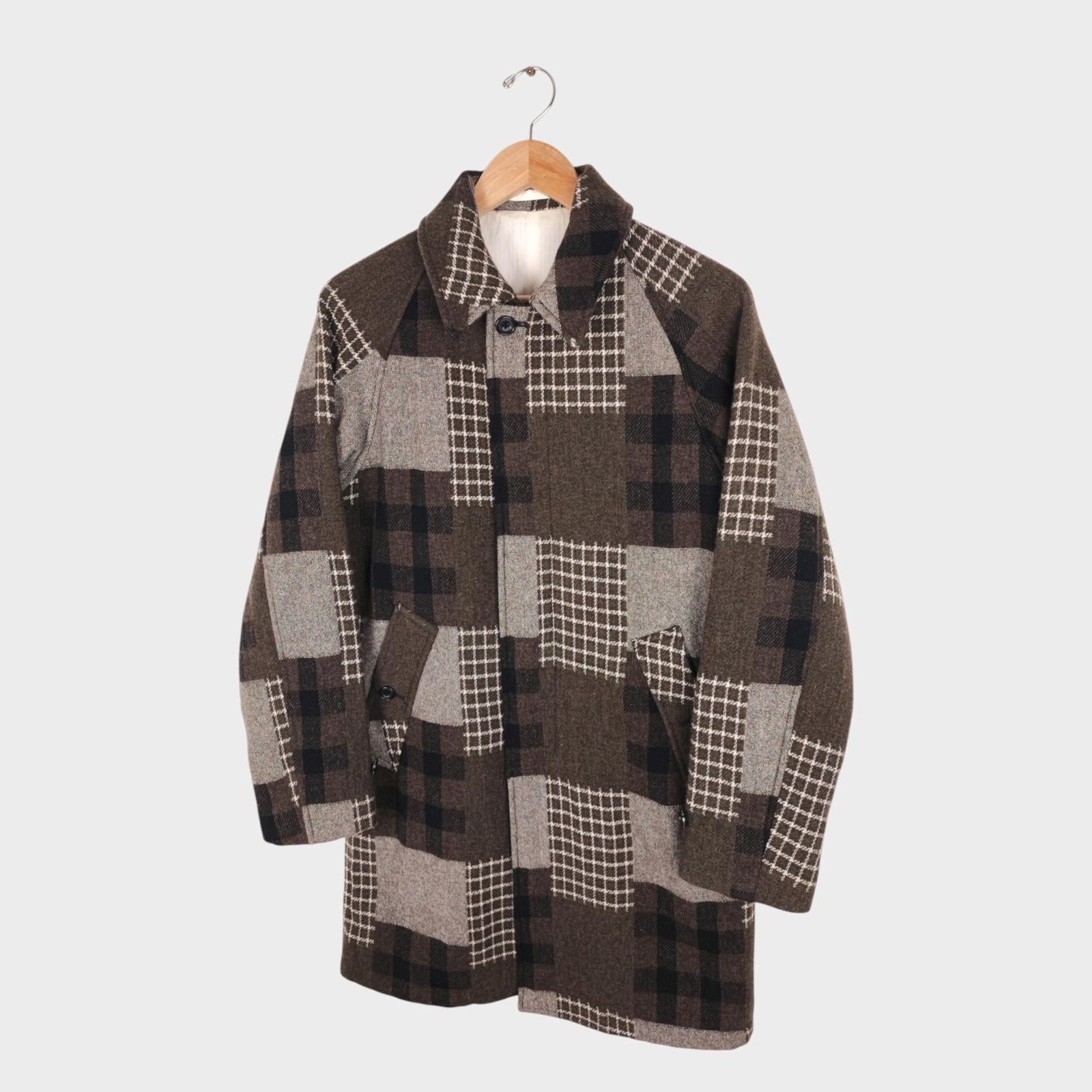 BEAMS PLUS Men's Khaki/Brown 100% Wool Patchwork Coat