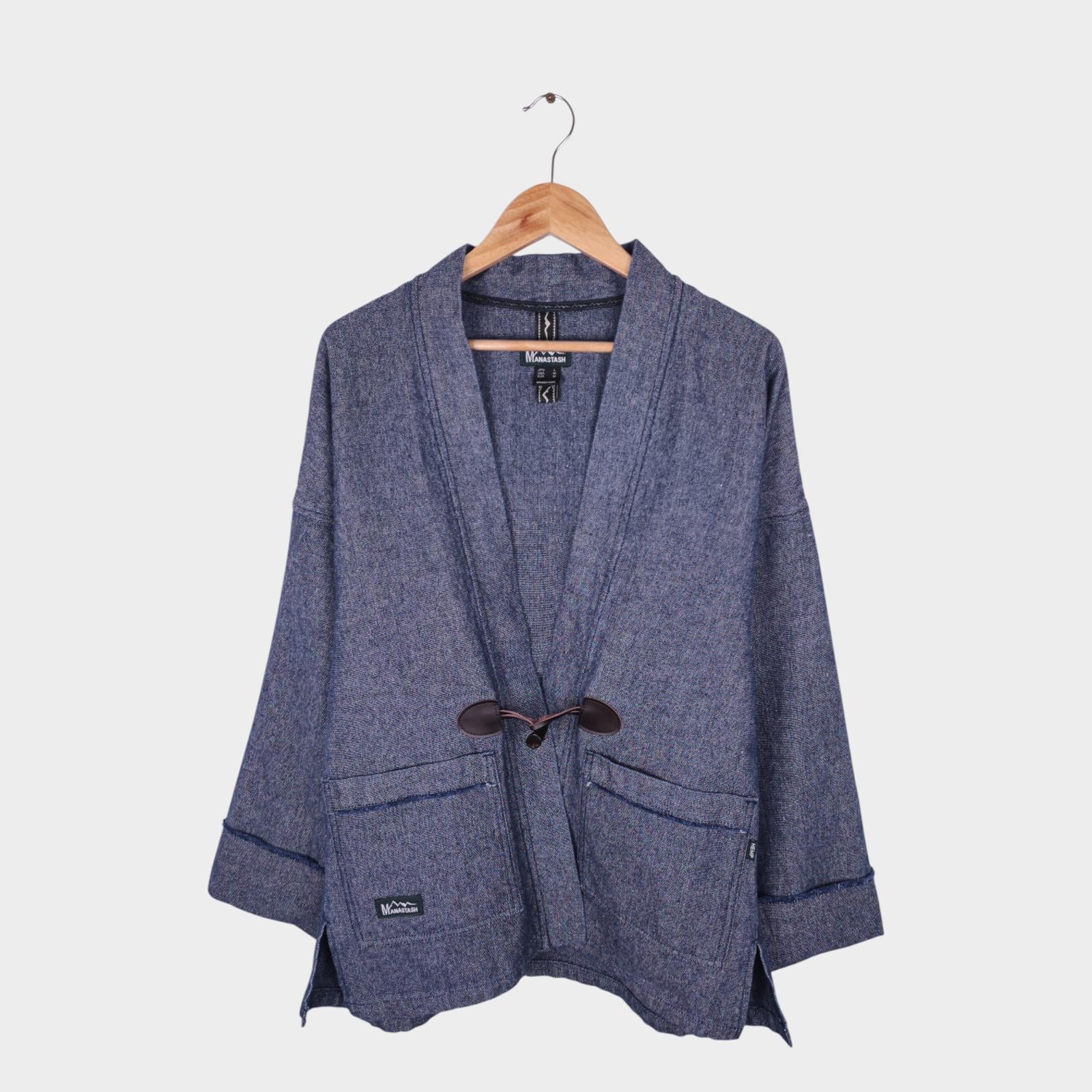 MANASTASH Men's Blue Hemp/Cotton Blend Heavyweight Denim Kimono Jacket