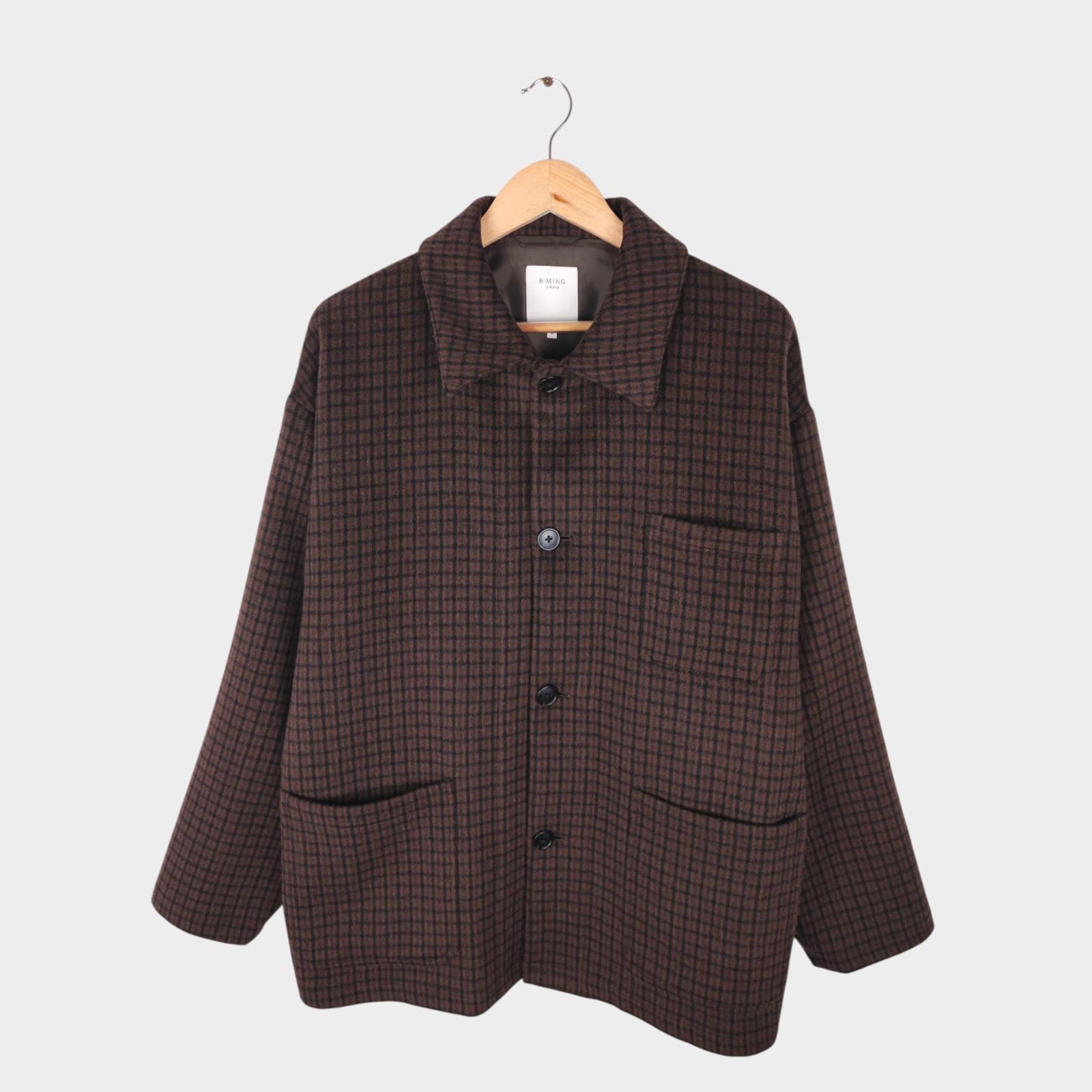 BEAMS B:MING Men's Brown Check Tasmania Wool Blend Chore Jacket