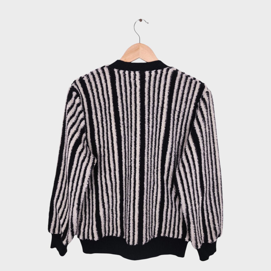 BEAMS PLUS Men's Black & White Striped Fleece Cardigan