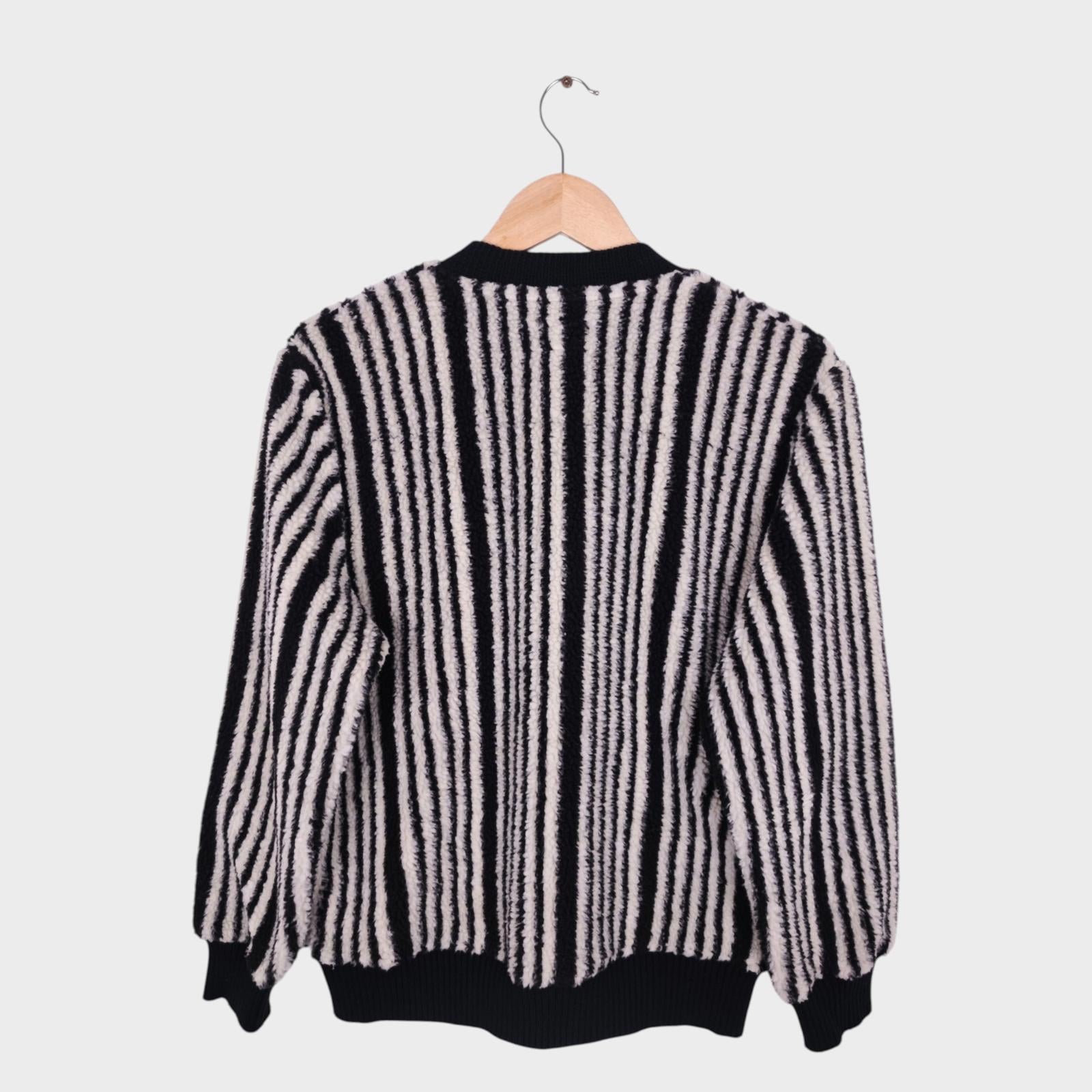 BEAMS PLUS Men's Black & White Striped Fleece Cardigan