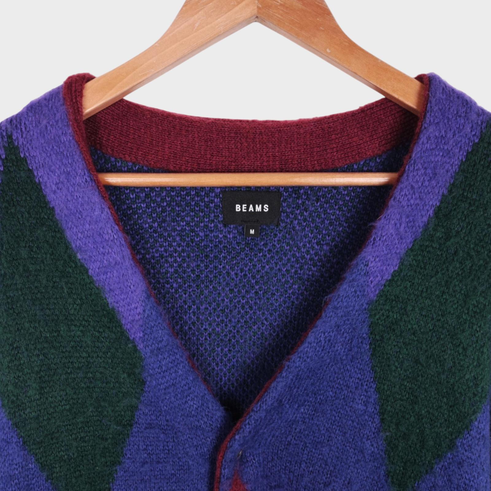 BEAMS Men's Mohair Wool Blend Shaggy Grunge Argyle Cardigan