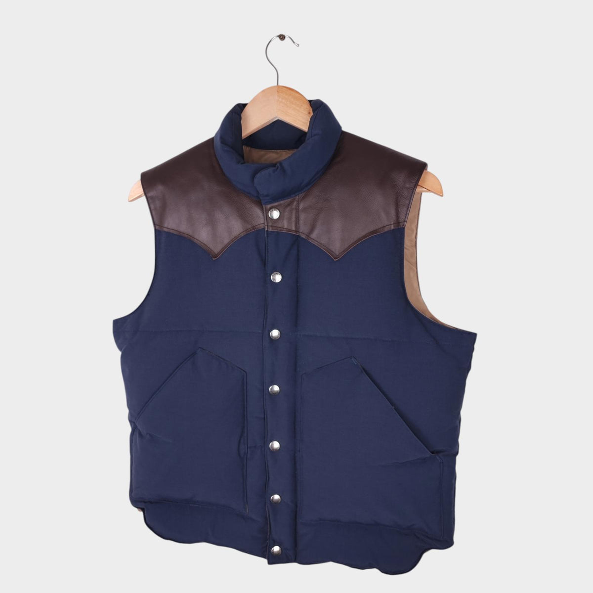 SUGAR CANE Men's Navy Cotton/Nylon Leather Yoke Down Vest Gilet