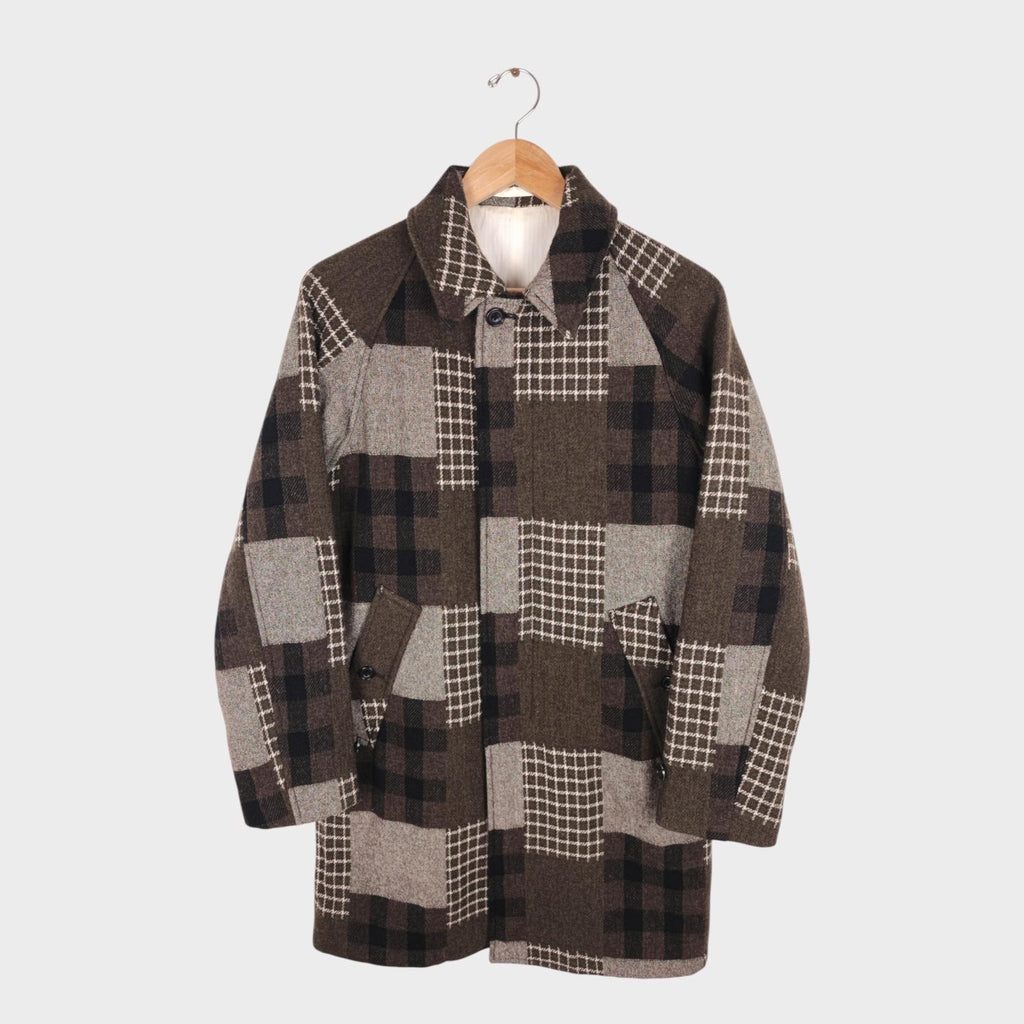 BEAMS PLUS Men's Khaki/Brown 100% Wool Patchwork Coat