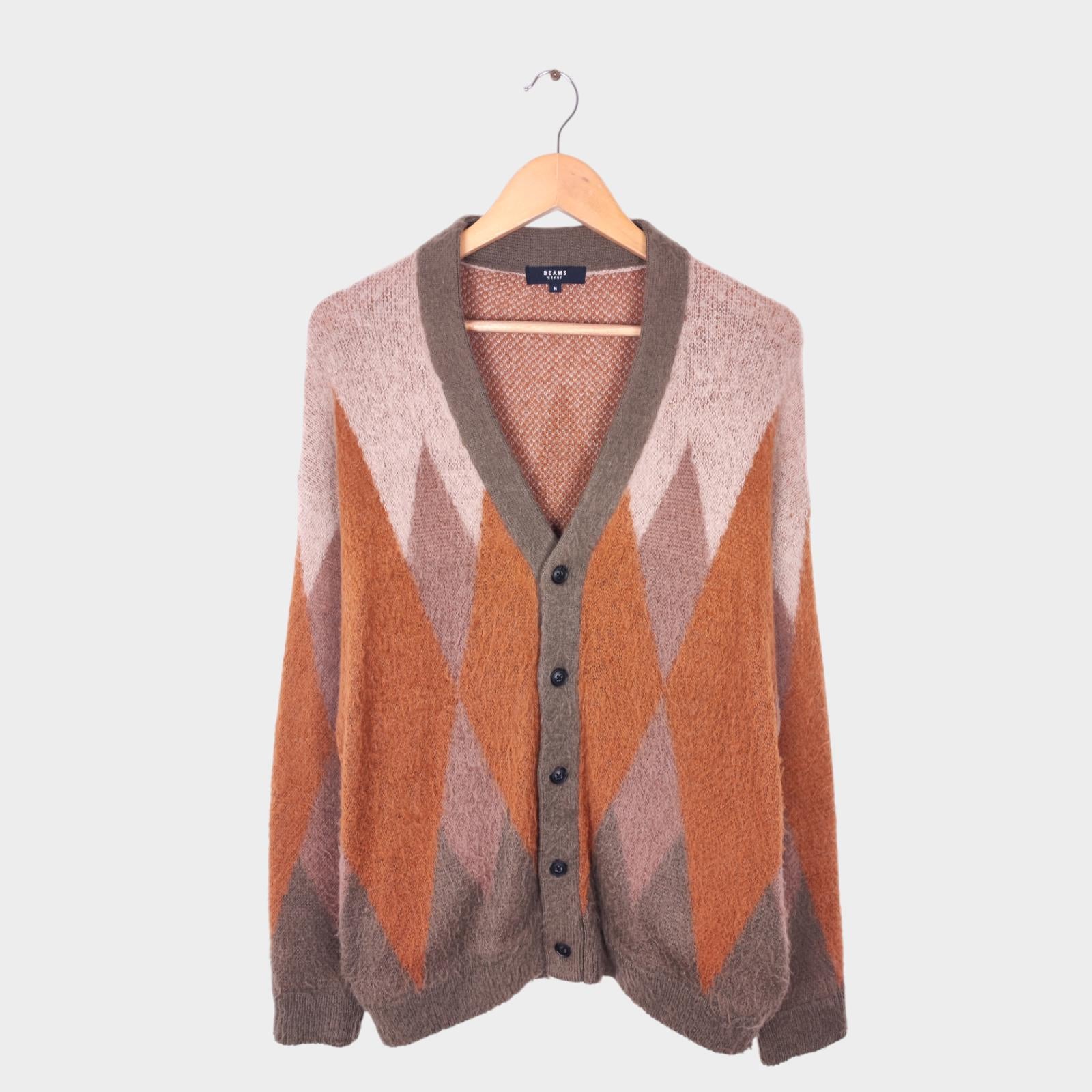 BEAMS HEART Men's Mohair Blend Shaggy Grunge Argyle Cardigan