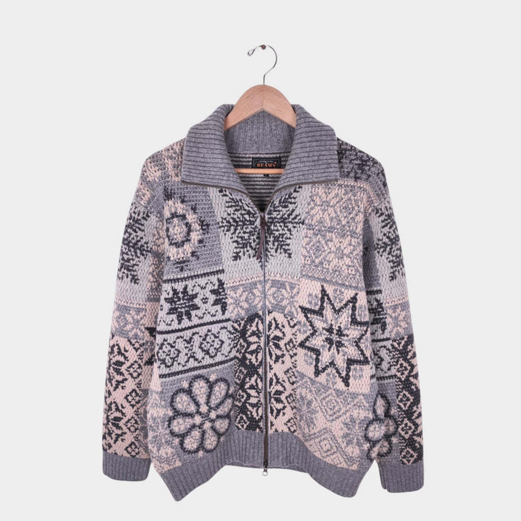 BEAMS PLUS Men's Grey 100% Heavyweight Wool Jacquard Patchwork Jacket