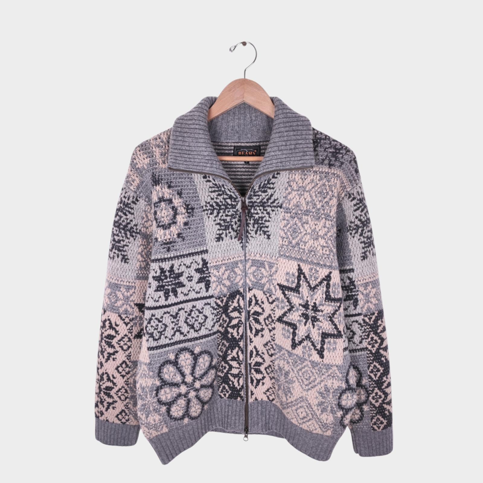BEAMS PLUS Men's Grey 100% Heavyweight Wool Jacquard Patchwork Jacket