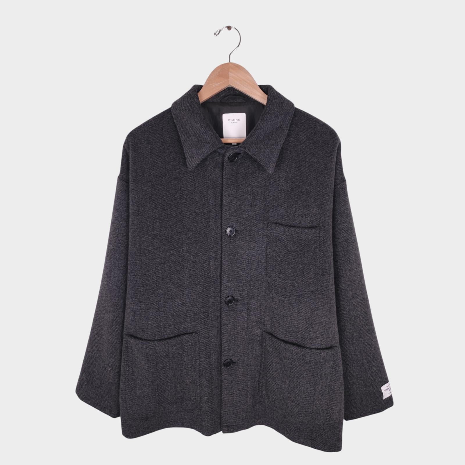 BEAMS B:MING Men's Grey Herringbone Tasmania Wool Blend Chore Jacket