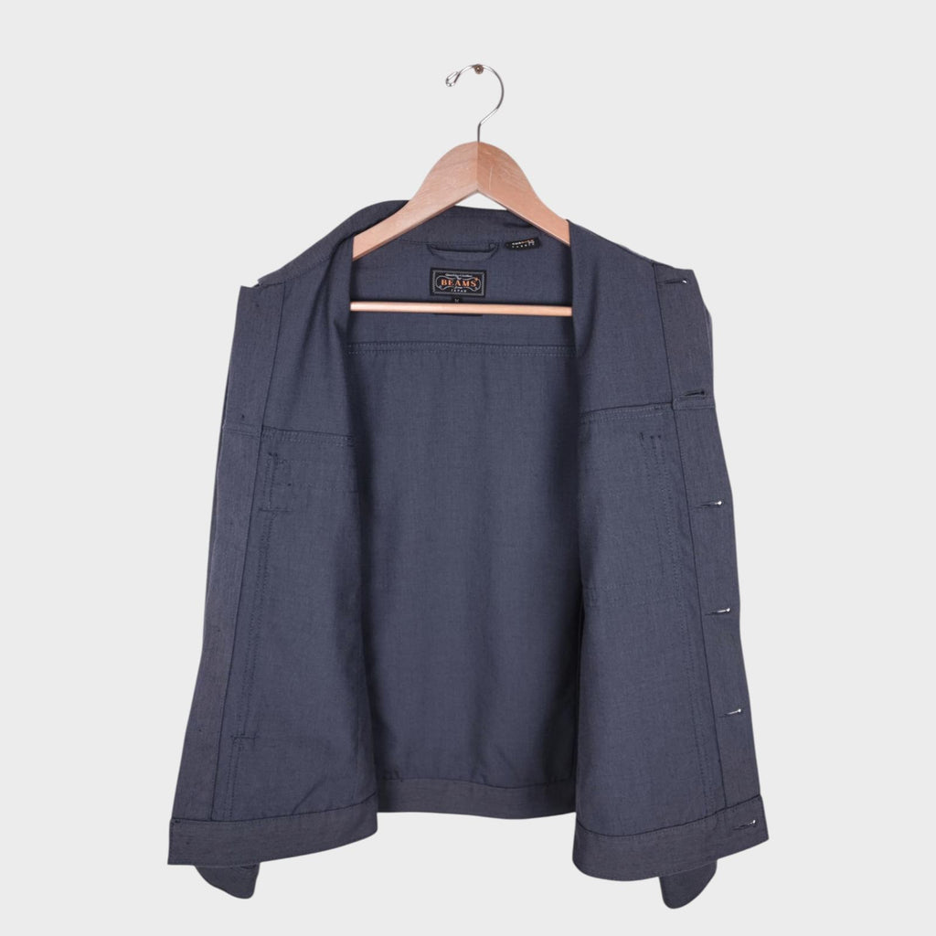 BEAMS PLUS Men's Grey Wool Blend Cordura Fabric Trucker Jacket