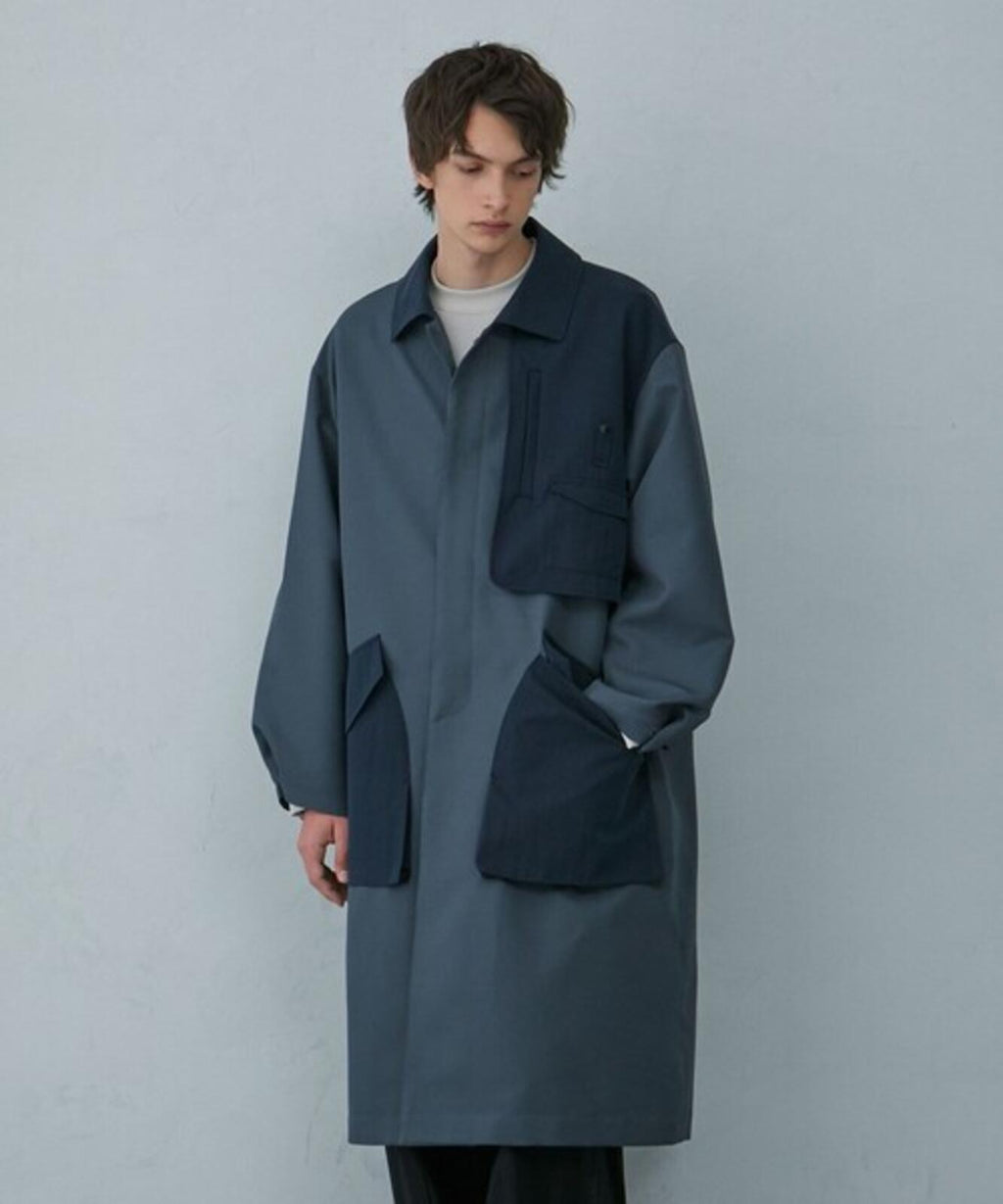 PUBLIC TOKYO Men's Slate Blue Made in Japan Multi Gun Flap Coat