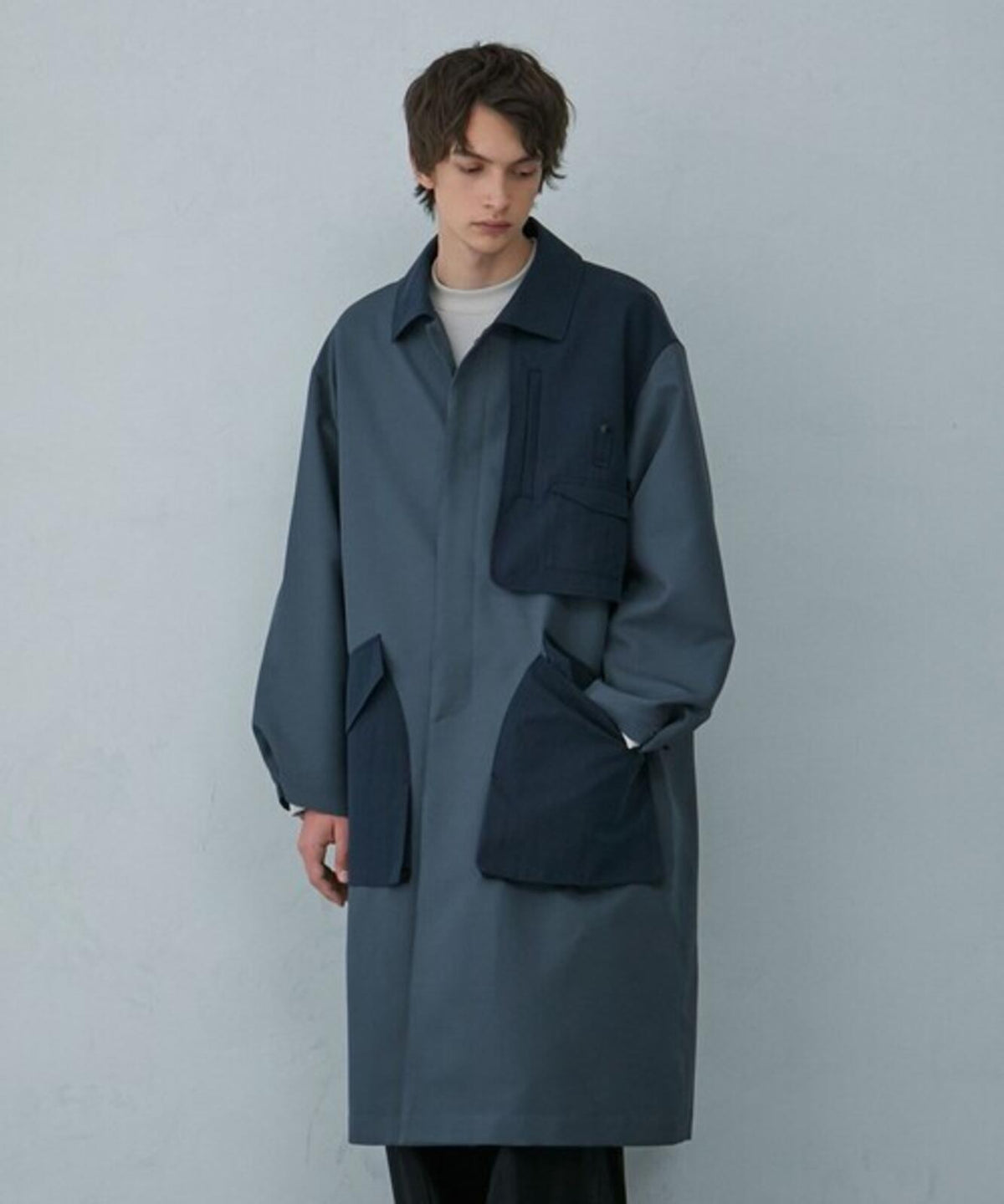 PUBLIC TOKYO Men's Slate Blue Made in Japan Multi Gun Flap Coat