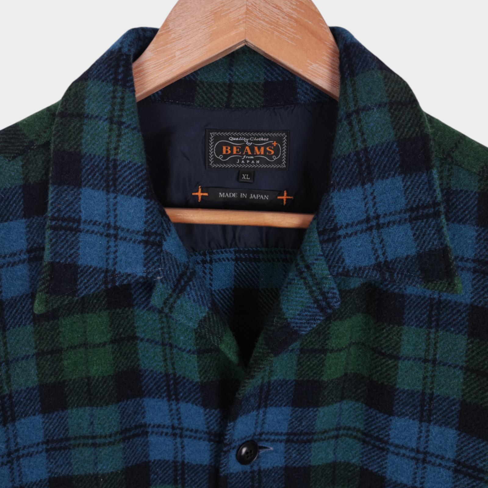 BEAMS PLUS Men's Made in Japan Green/Blue Checked Wool Blend Camp Jacket
