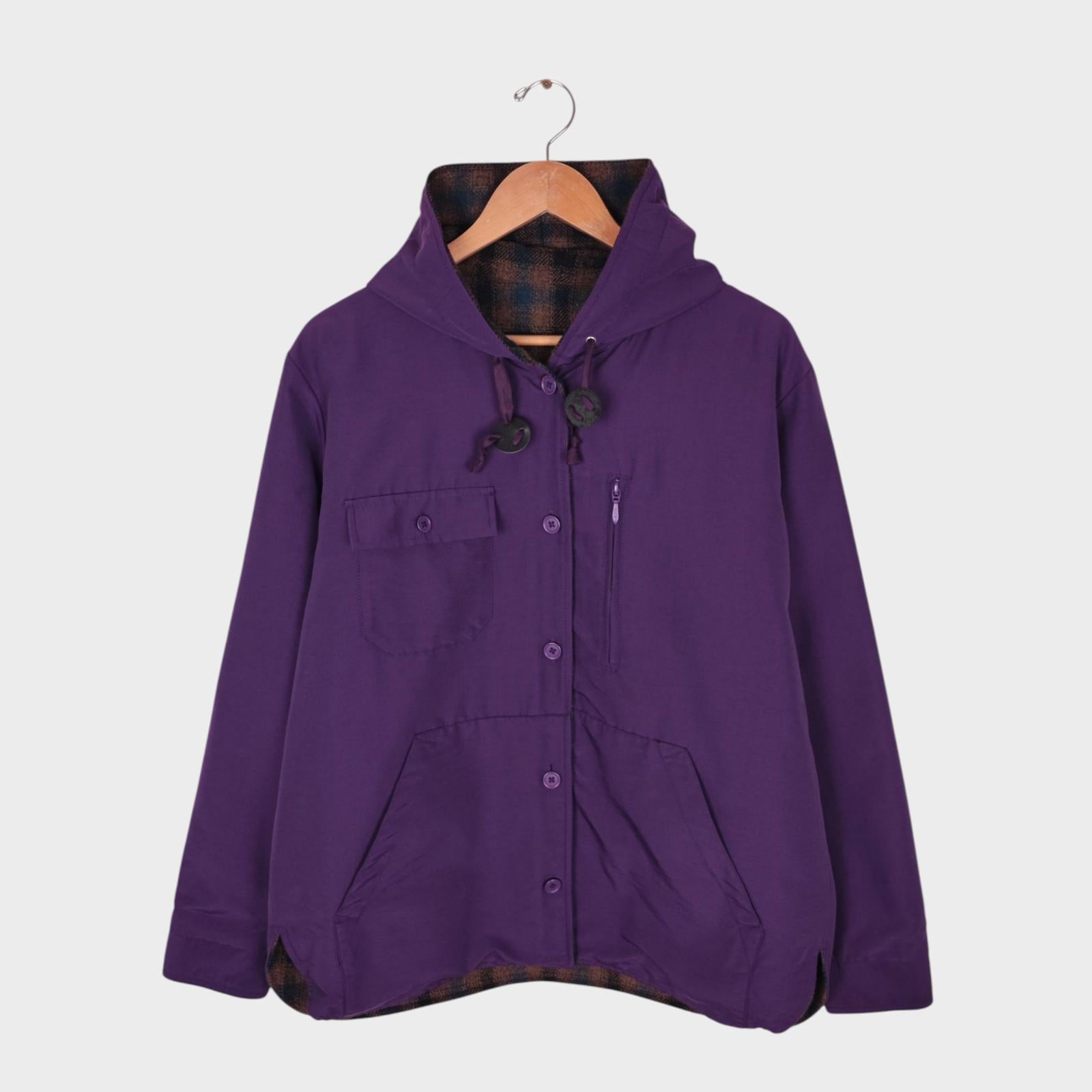 BEAMS PLUS Men's Purple/Checked Reversible Wool Blend Mountain Parka Jacket