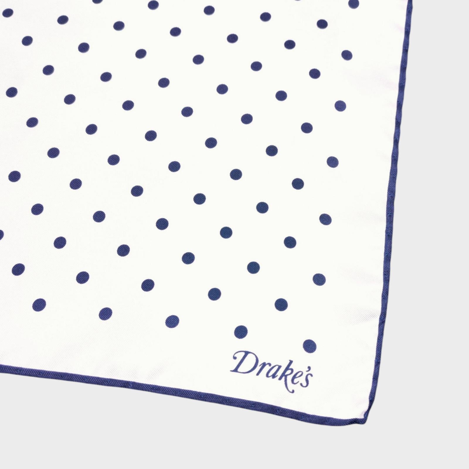 DRAKE'S 100% Silk White/Navy Made in Italy Polka Dot Print Pocket Square